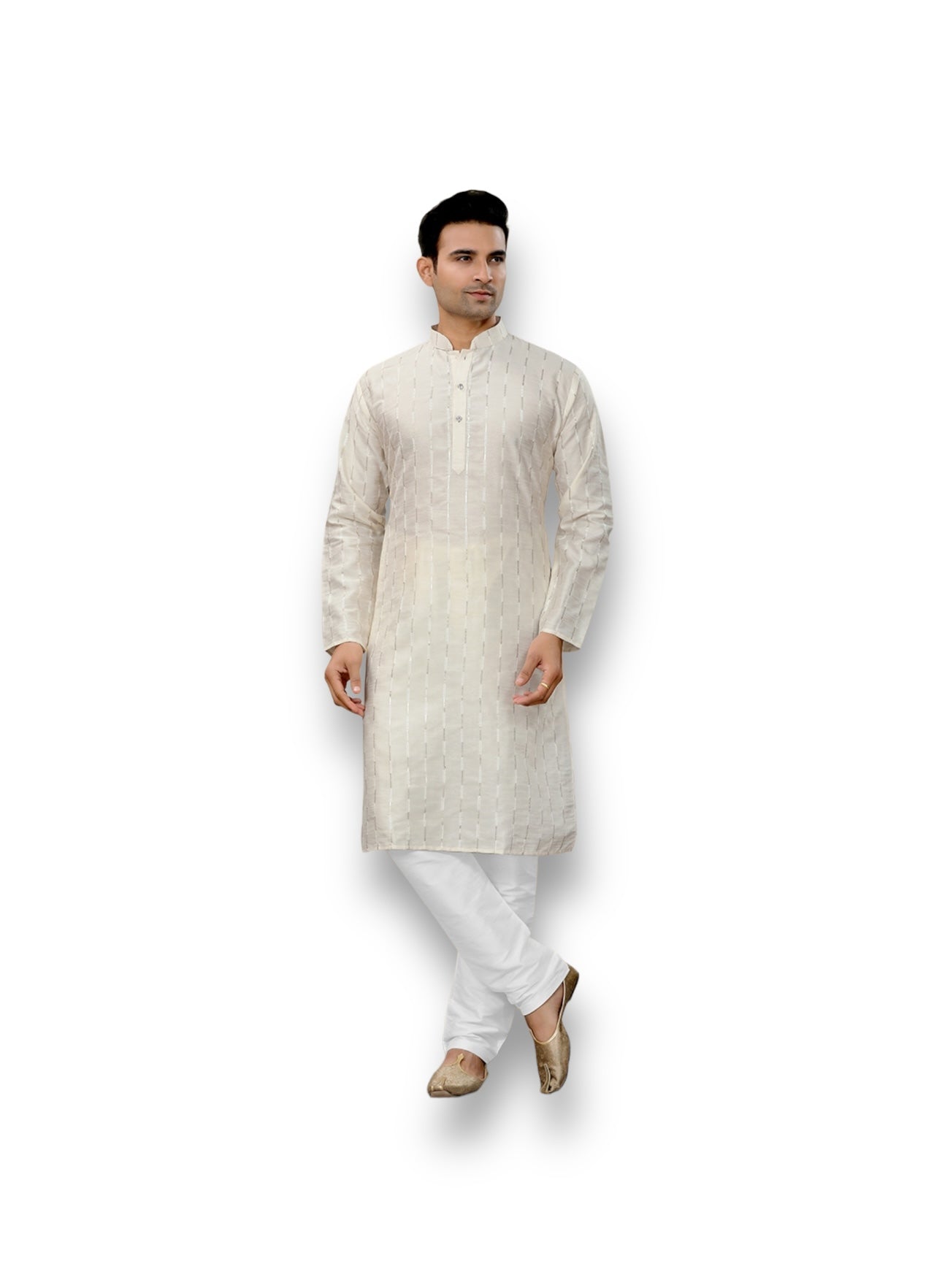Off White men's traditional kurta with matching pajama from Saree Ghor Charlotte, ethnic wear for men, casual and festive occasions.