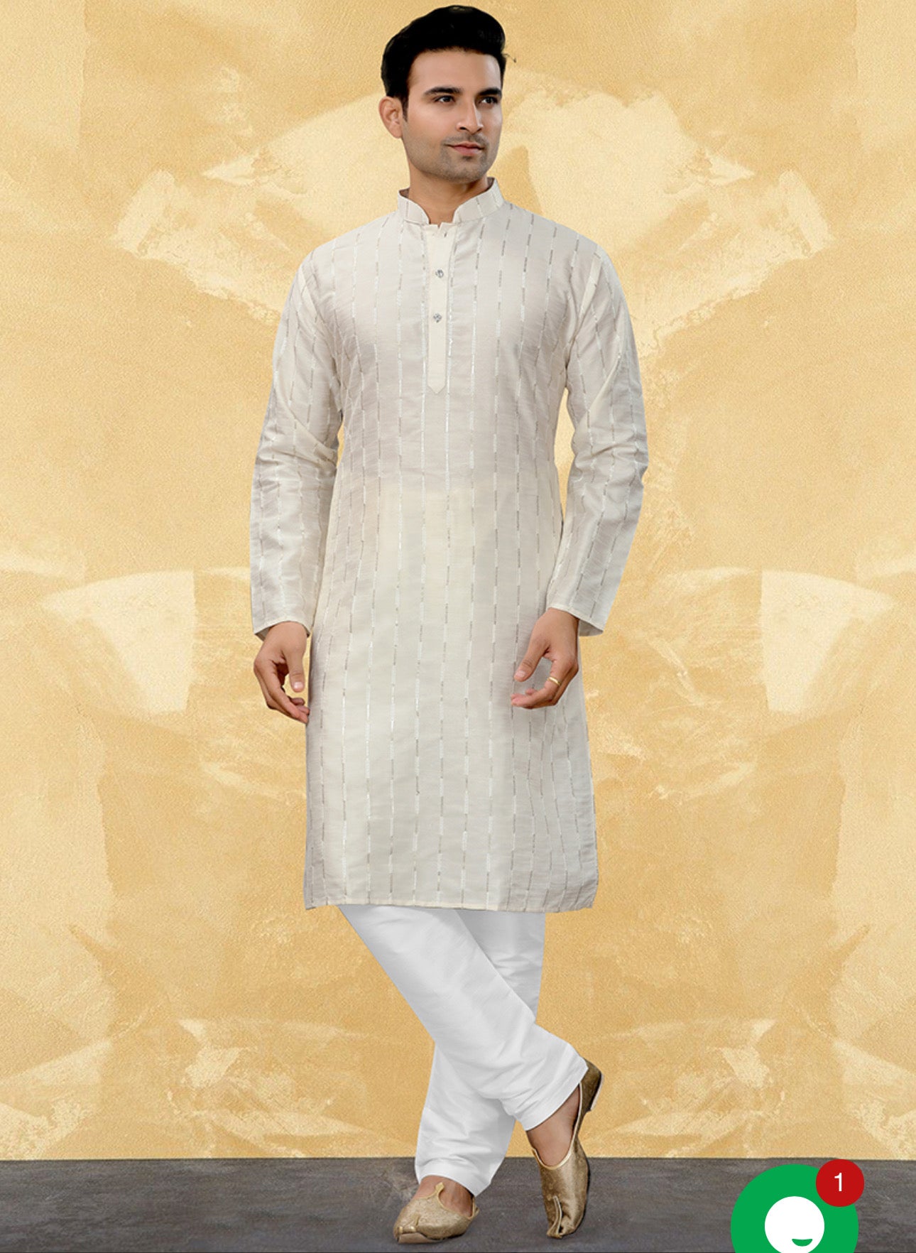 Off White men's traditional kurta and pajama set by Saree Ghor Charlotte, showcasing ethnic wear for men.