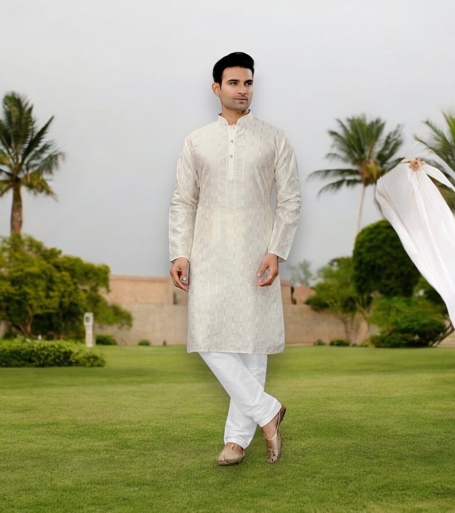 Off White men's traditional kurta and pajama set by Saree Ghor Charlotte, showcasing ethnic wear for men.