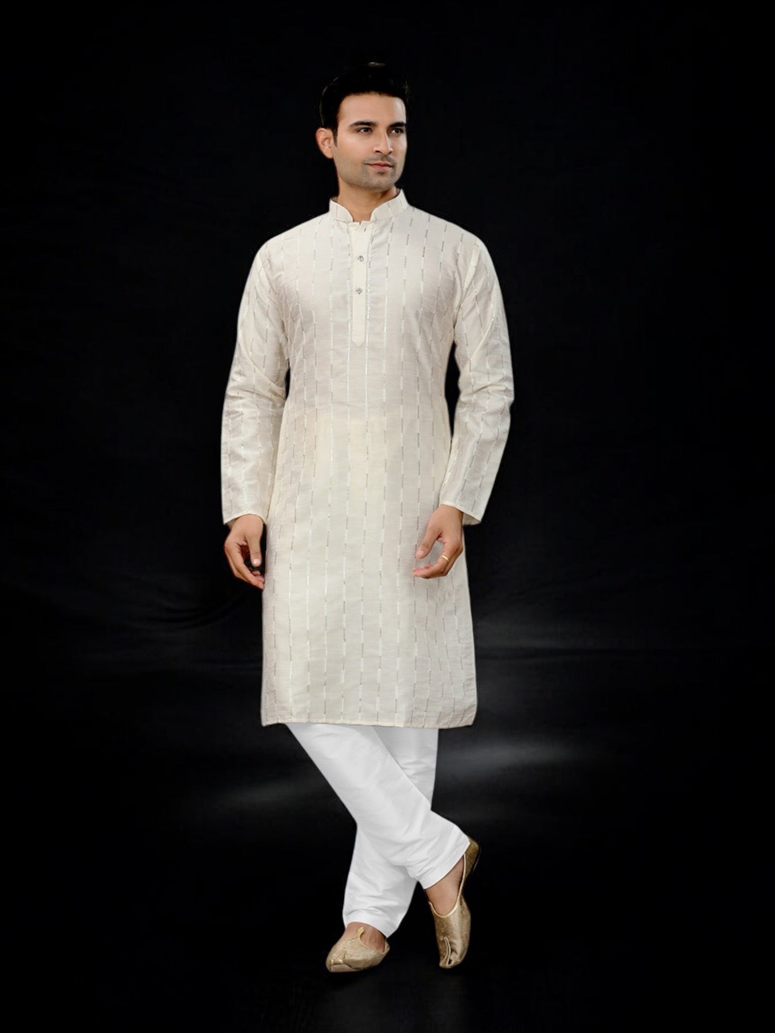 Off White Mens Traditional Kurta Pajama by Saree Ghor Charlotte, featuring a classic ethnic design and comfortable fit.