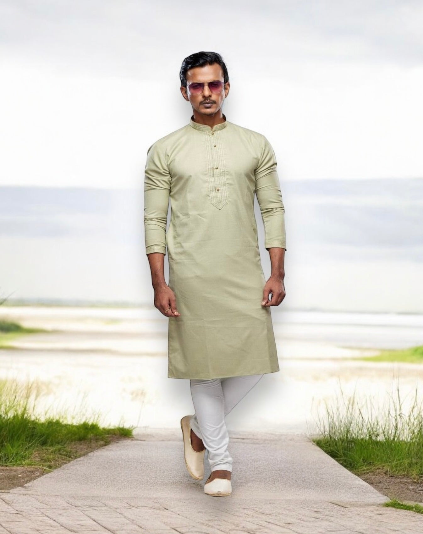 Pista color soft plain art silk men's kurta pajama with traditional ethnic design, crafted by Saree Ghor Charlotte.