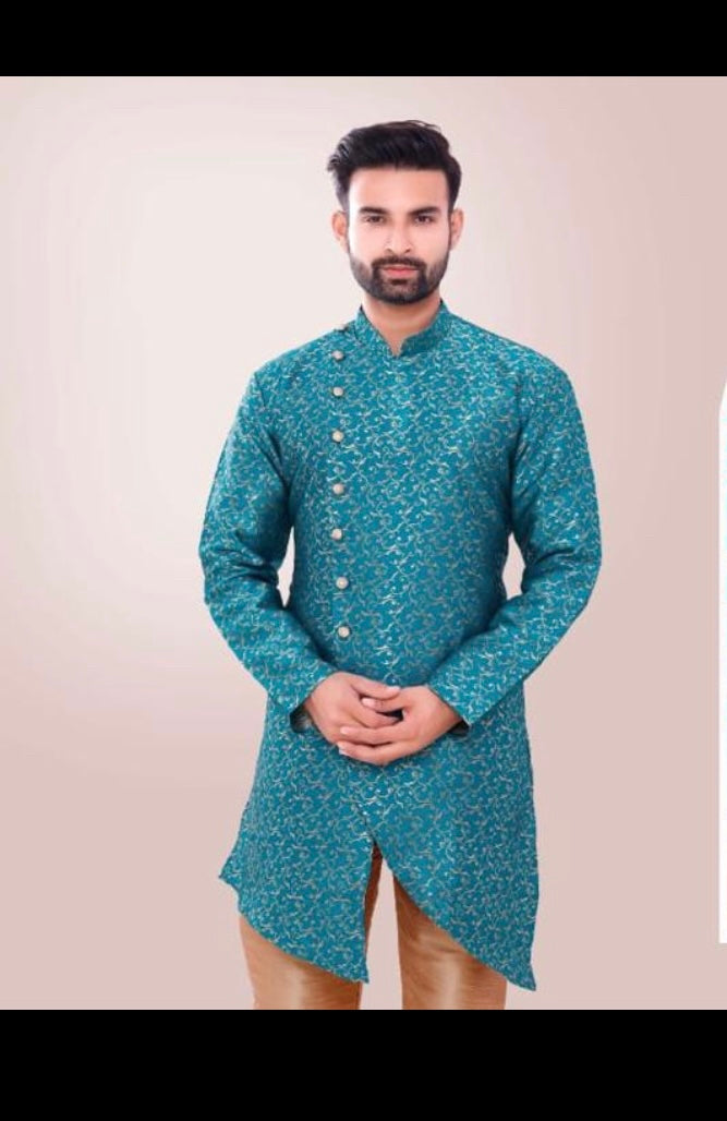 Traditional men's silk kurta and pajama in vibrant colors from Saree Ghor Charlotte, perfect for festive and party occasions.