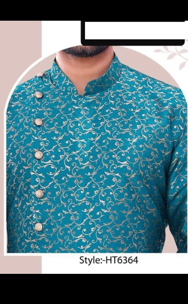 Traditional silk men's kurta pajama by Saree Ghor Charlotte, perfect for cultural or party wear, shown in a classic design.