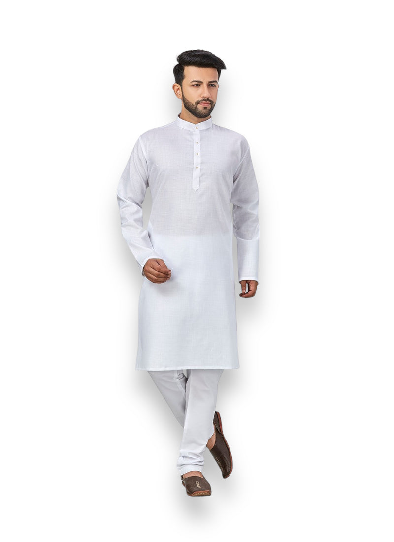 White Outluk 57 cotton kurta with matching pajama set for men, traditional ethnic wear by Saree Ghor Charlotte.