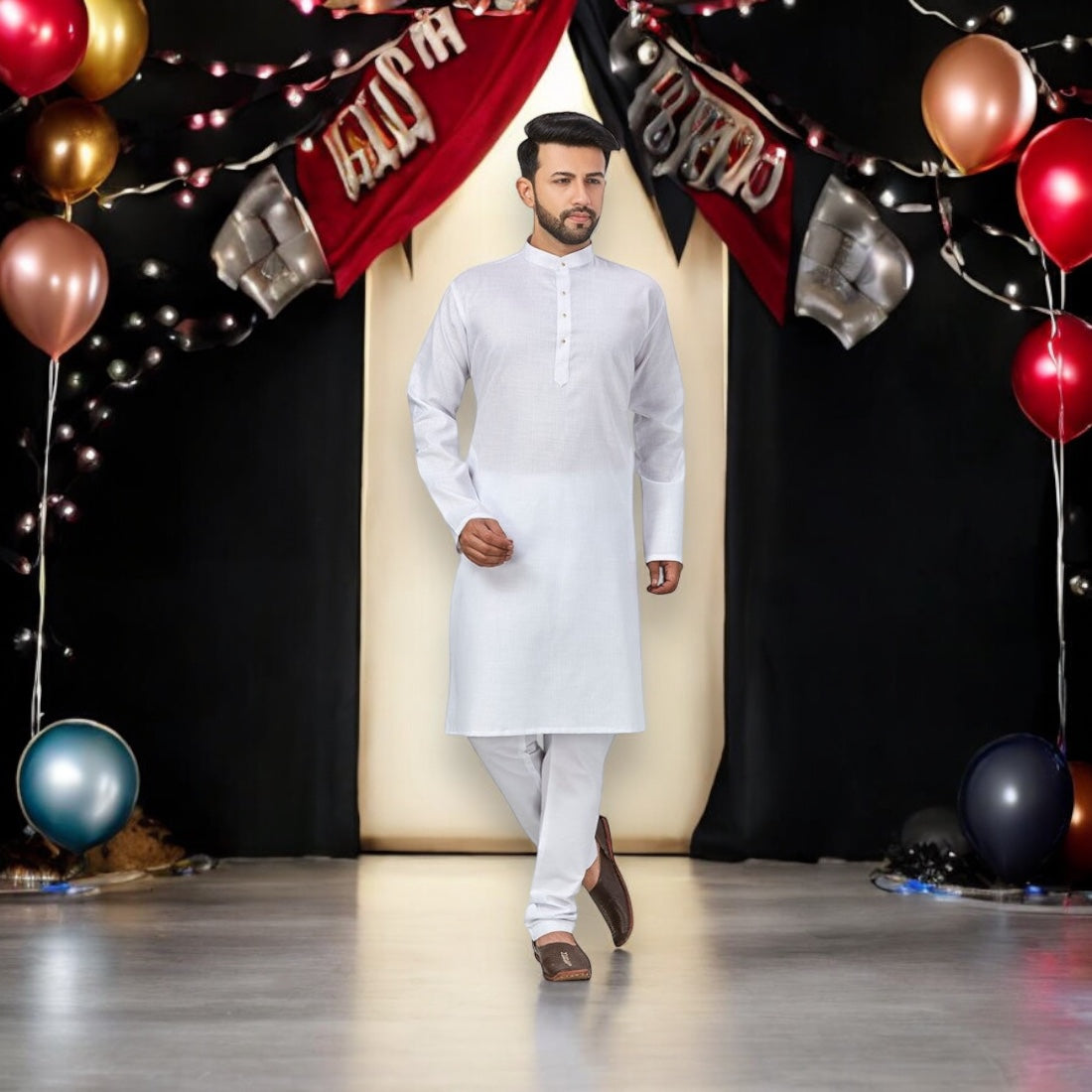 White Outluk 57 cotton kurta and pajama set for men by Saree Ghor Charlotte, traditional ethnic wear for men.