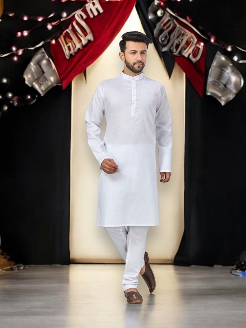 White Outluk 57 cotton men's kurta with matching pajama set, traditional ethnic wear by Saree Ghor Charlotte.