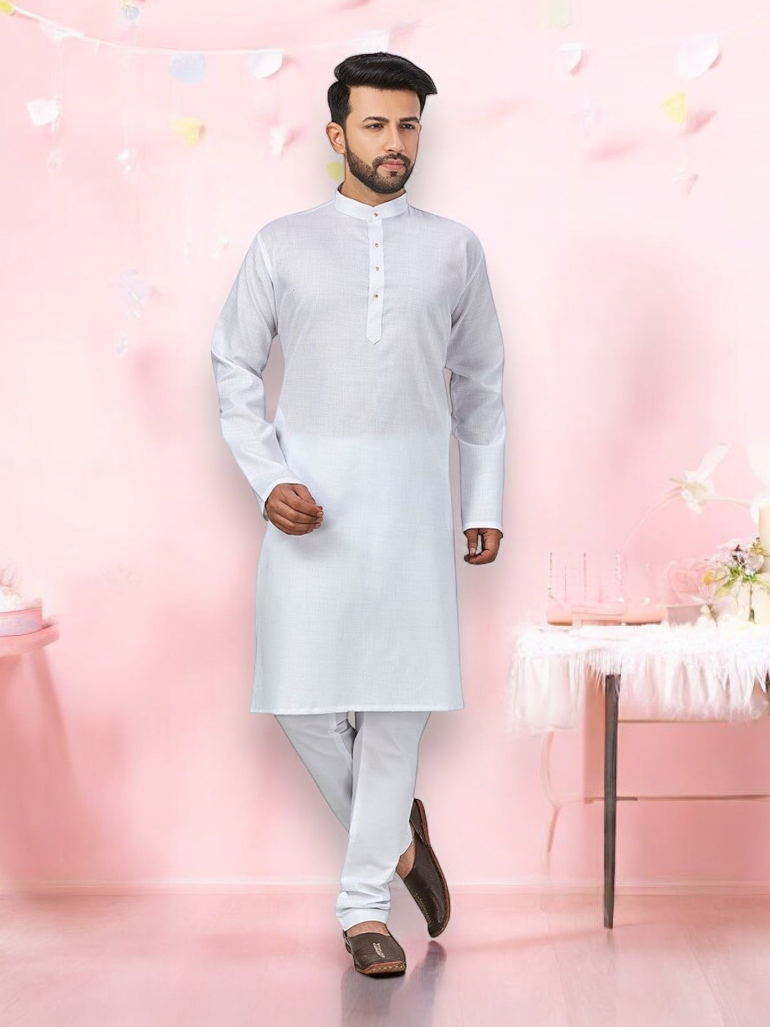 White Outluk 57 cotton kurta with matching pajama set for men, traditional ethnic wear by Saree Ghor Charlotte.