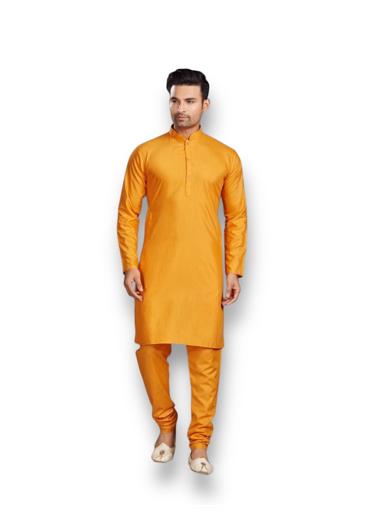 Yellow men's kurta set with matching pajama from Saree Ghor Charlotte, traditional ethnic wear for men, front view.