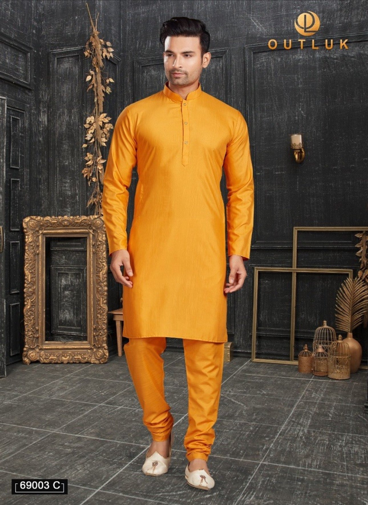 Yellow men's kurta and pajama set by Saree Ghor Charlotte, traditional cultural wear with intricate design details.