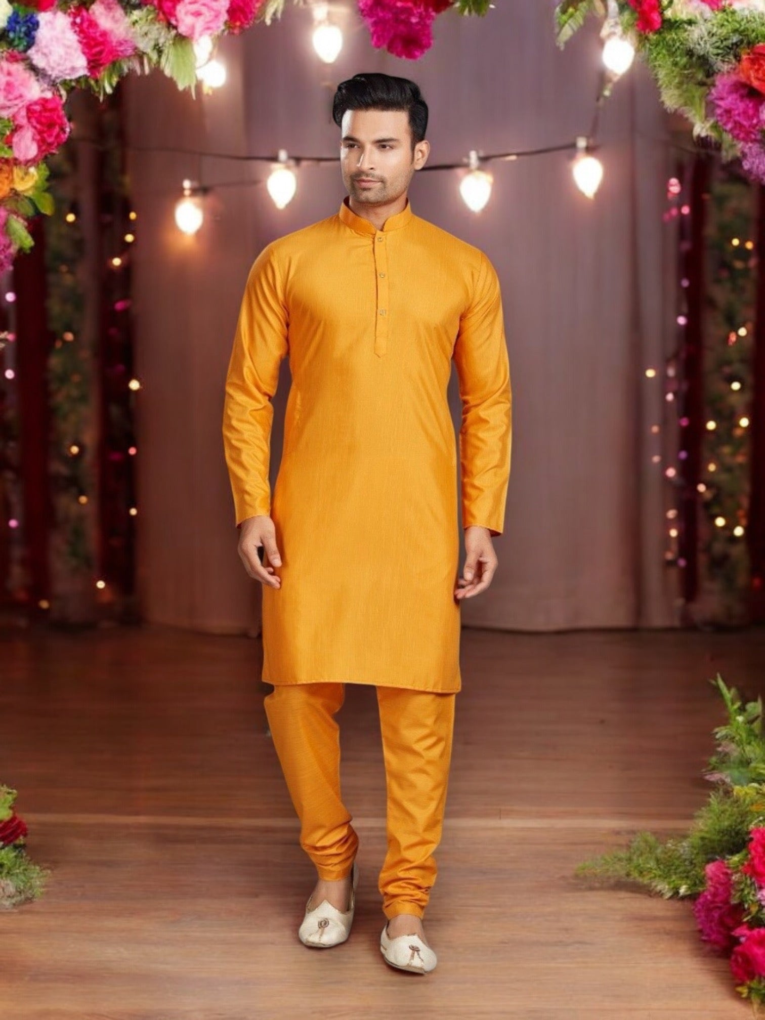 Yellow men's kurta pajama set by Saree Ghor Charlotte, traditional ethnic wear with intricate design and comfortable fit.