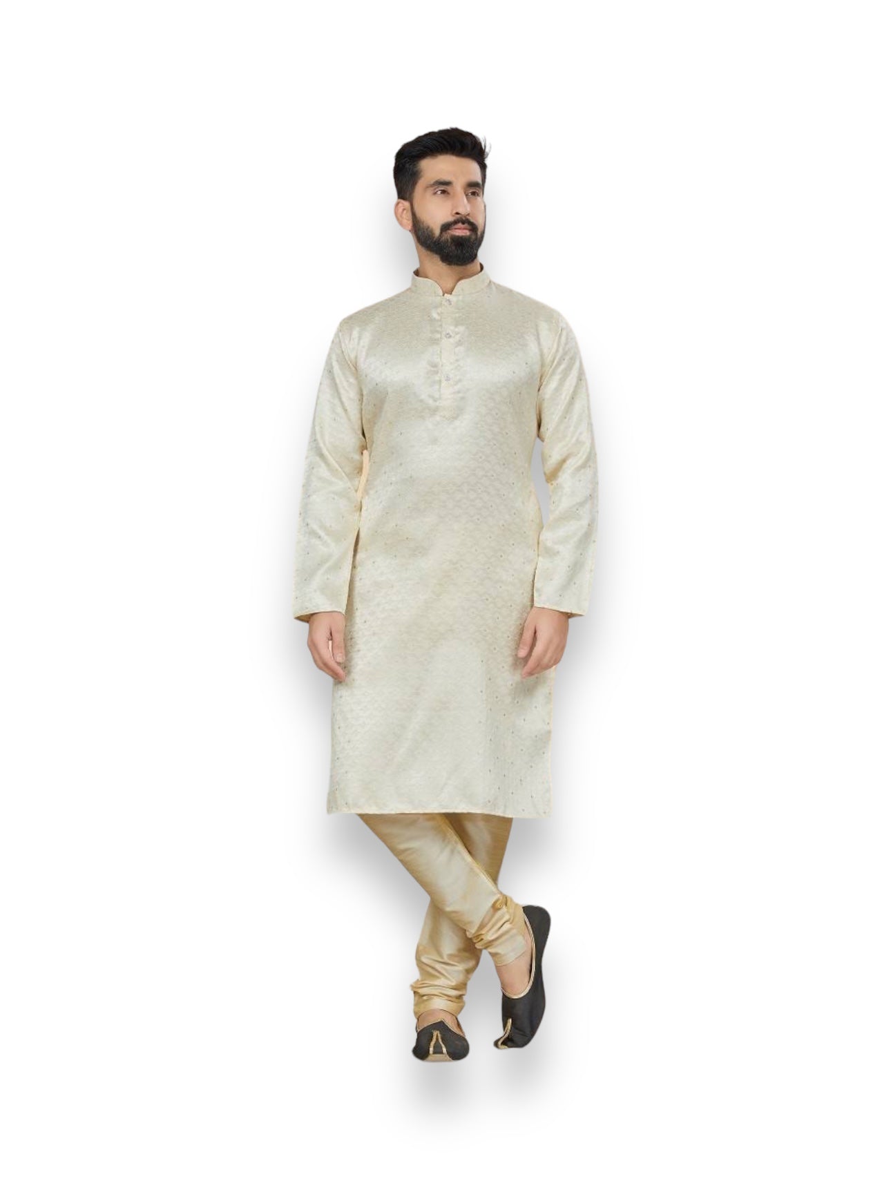Beige traditional men's kurta and pajama set by Saree Ghor Charlotte, ethnic wear for men, casual and cultural attire.