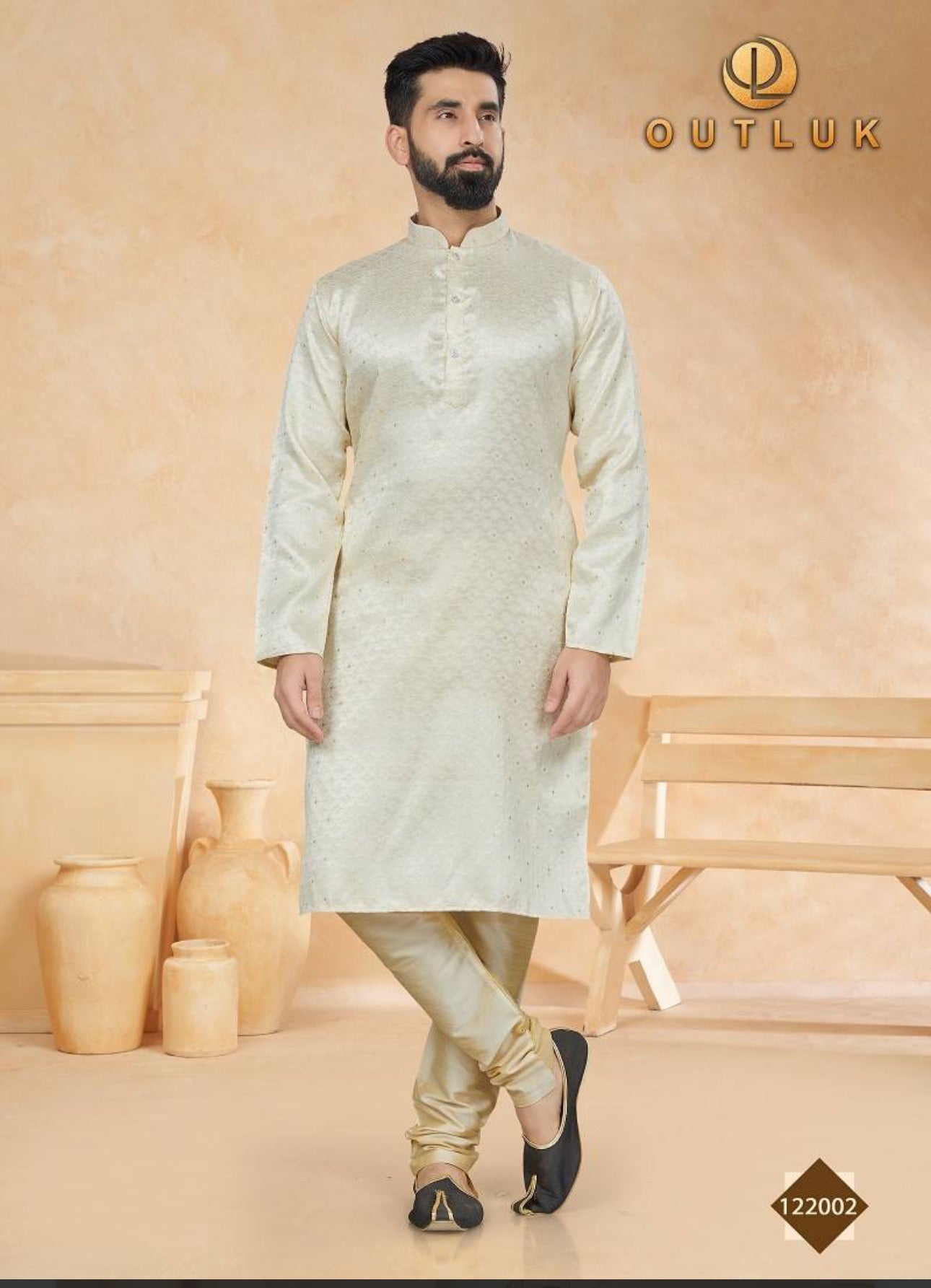 Beige traditional men's kurta and pajama set by Saree Ghor Charlotte, ethnic wear with intricate detailing and comfortable fit.