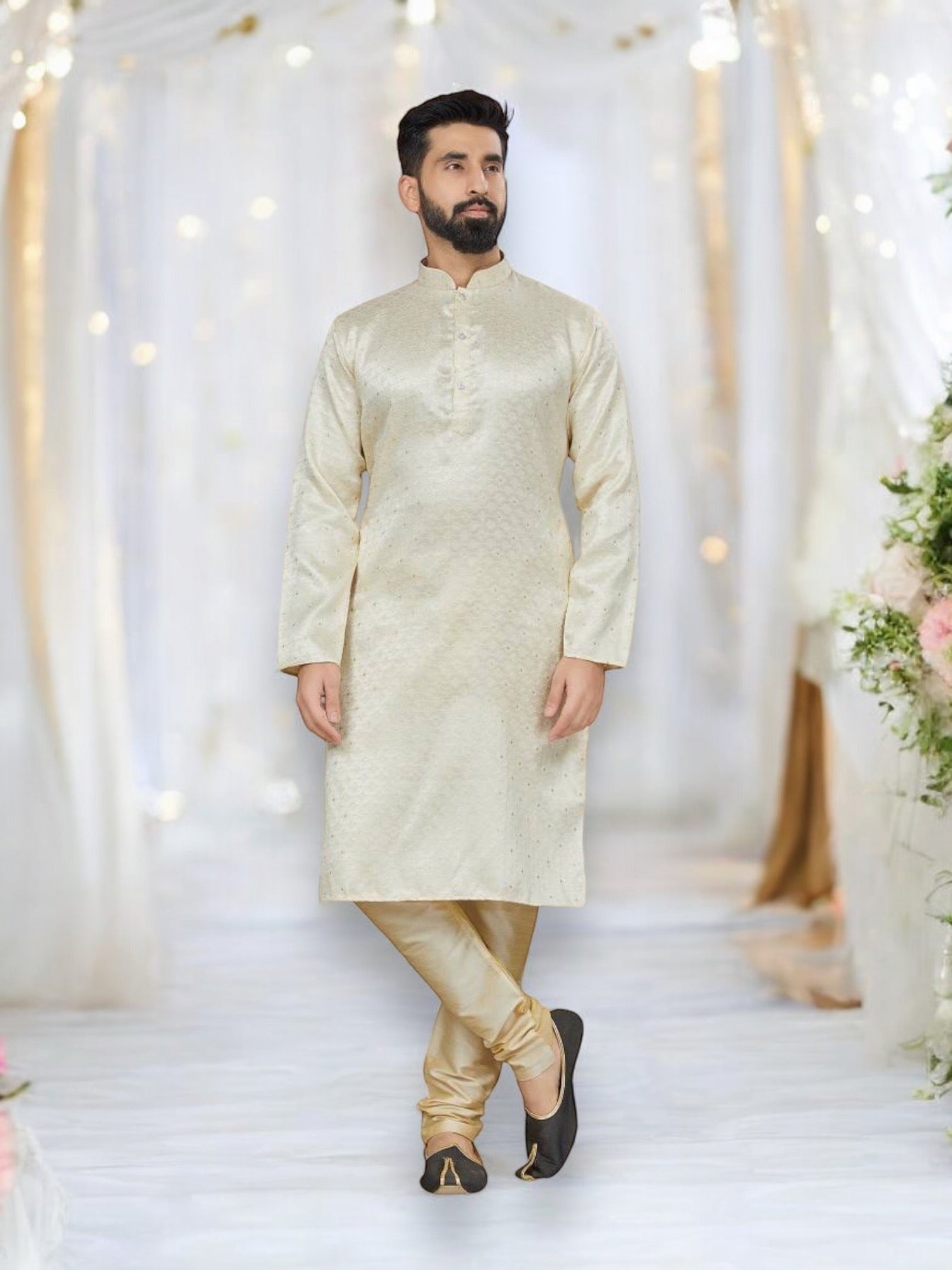 Beige traditional men's kurta and pajama set by Saree Ghor Charlotte, ethnic wear for men with classic design.