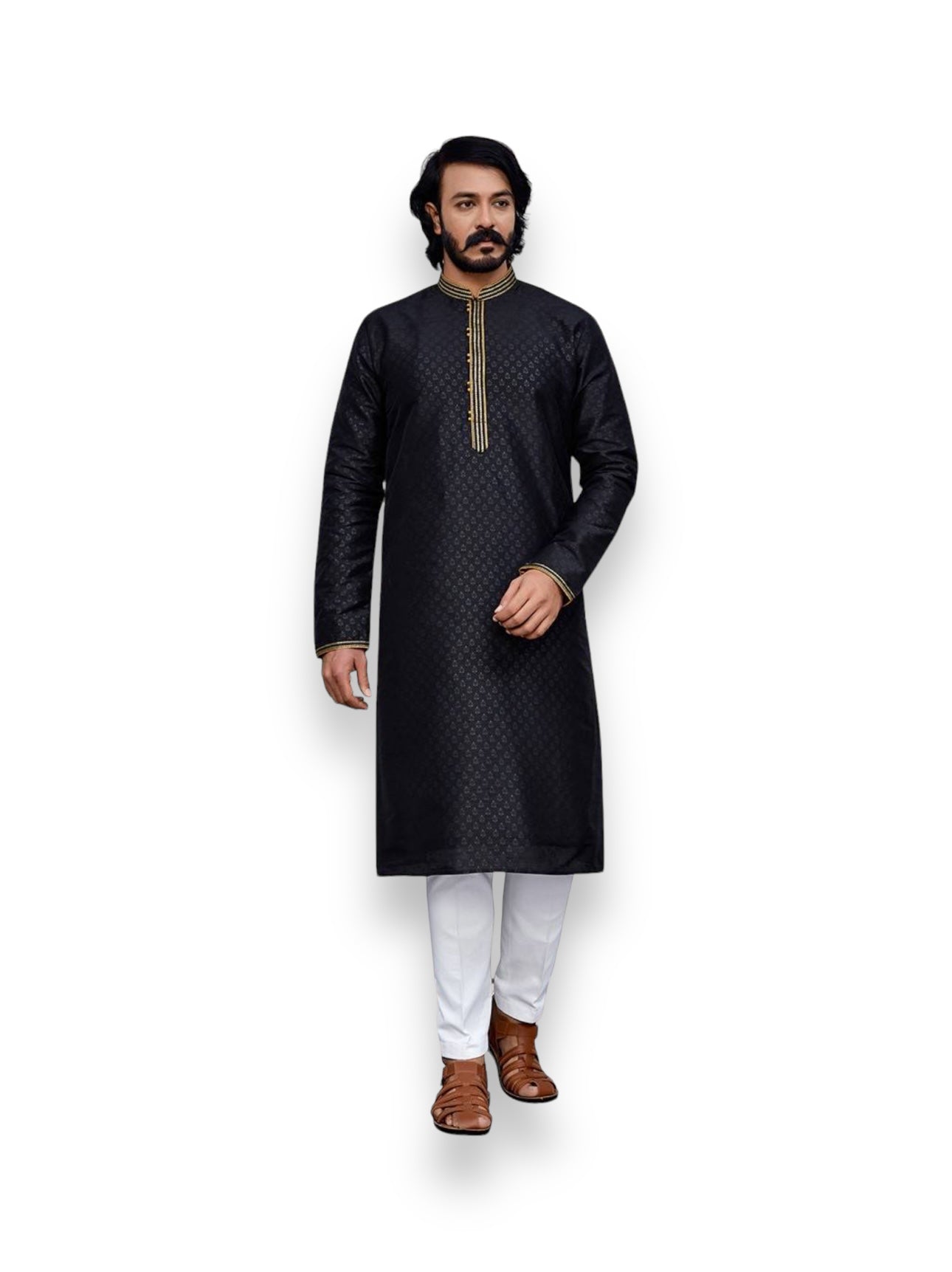 Black traditional silk men's kurta with matching pajama, cultural ethnic wear by Saree Ghor Charlotte.