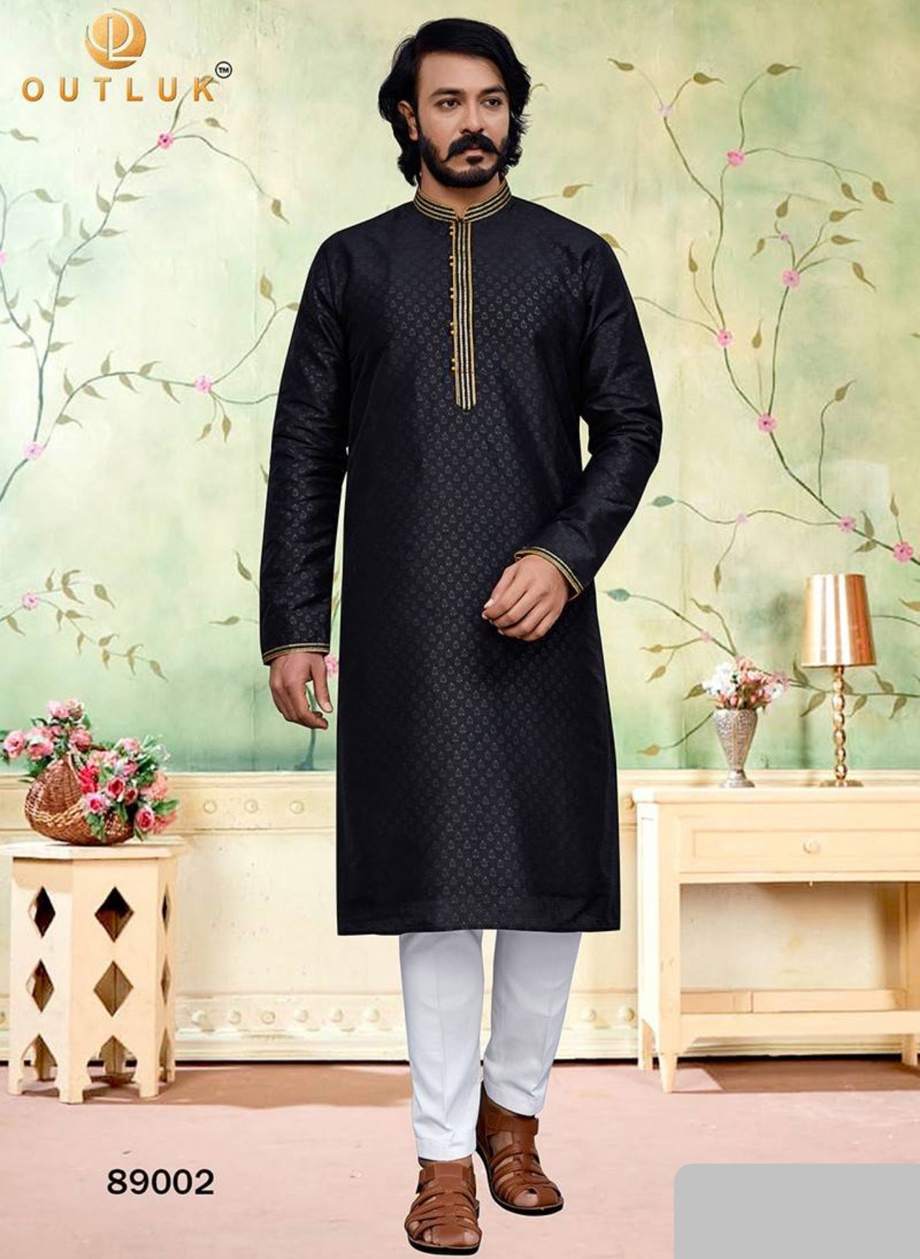 Black traditional silk men's kurta and pajama set by Saree Ghor Charlotte, showcasing elegant ethnic wear for men.