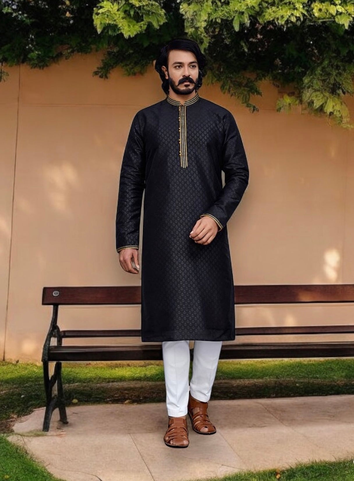 Black traditional silk men's kurta and pajama set by Saree Ghor Charlotte, showcasing ethnic wear with intricate detailing