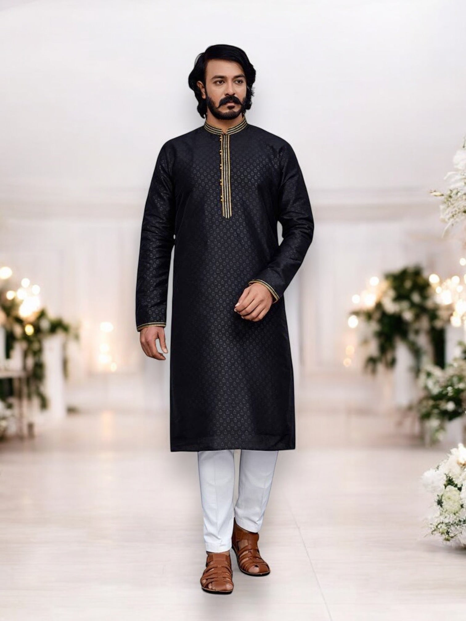 Black traditional silk men's Kurta and Pajama by Saree Ghor Charlotte, showcasing elegant ethnic wear for men.