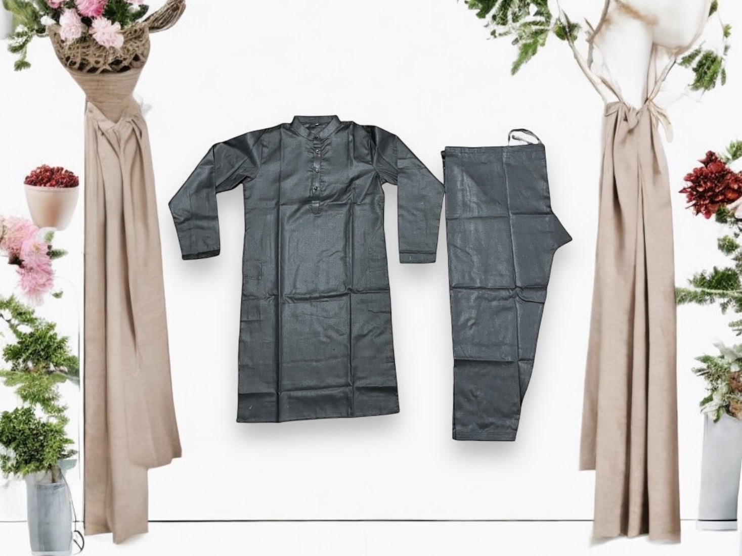 Classic black men's traditional cotton kurta by Saree Ghor Charlotte, featuring a comfortable fit and timeless design.