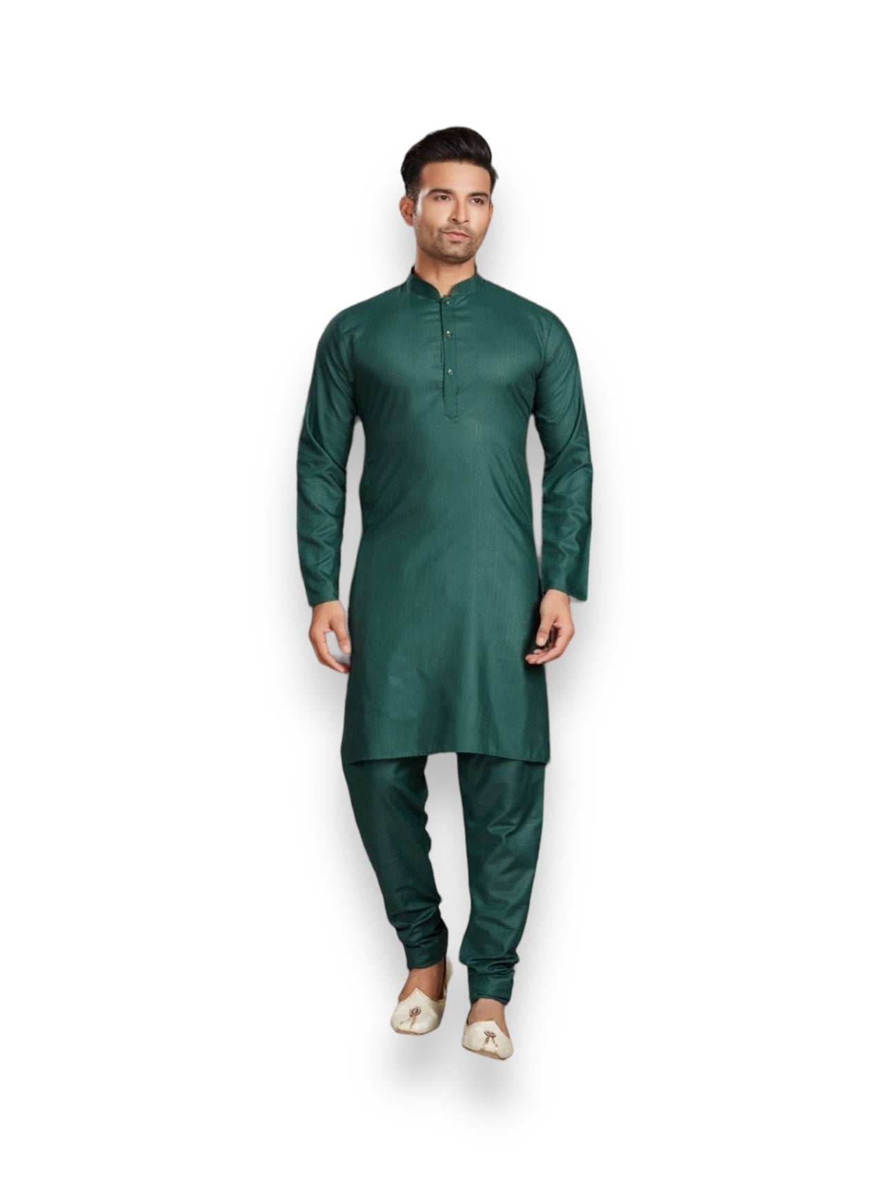 Dark green traditional men's kurta by Saree Ghor Charlotte with matching pajama, showcasing ethnic wear for men.