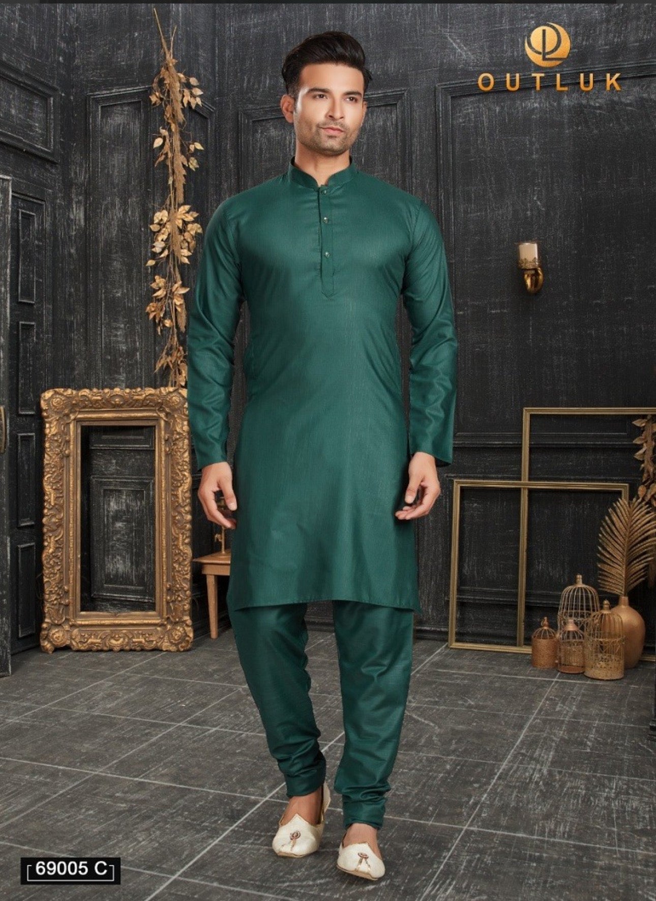 Dark green traditional men's Kurta from Saree Ghor Charlotte with matching pajama, showcasing ethnic wear for men.