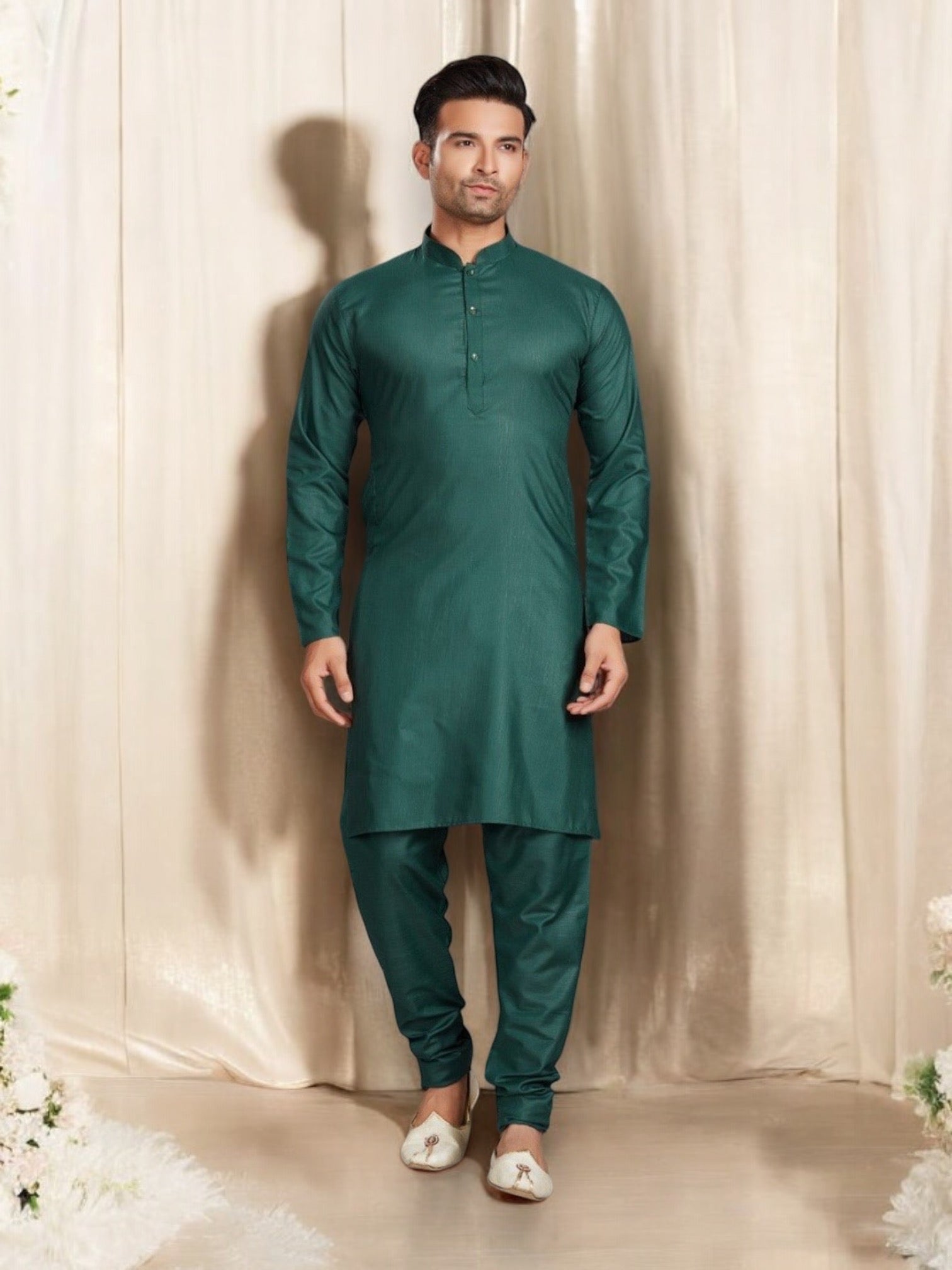 Dark green traditional men's kurta by Saree Ghor Charlotte with matching pajama, showcasing ethnic wear for men.