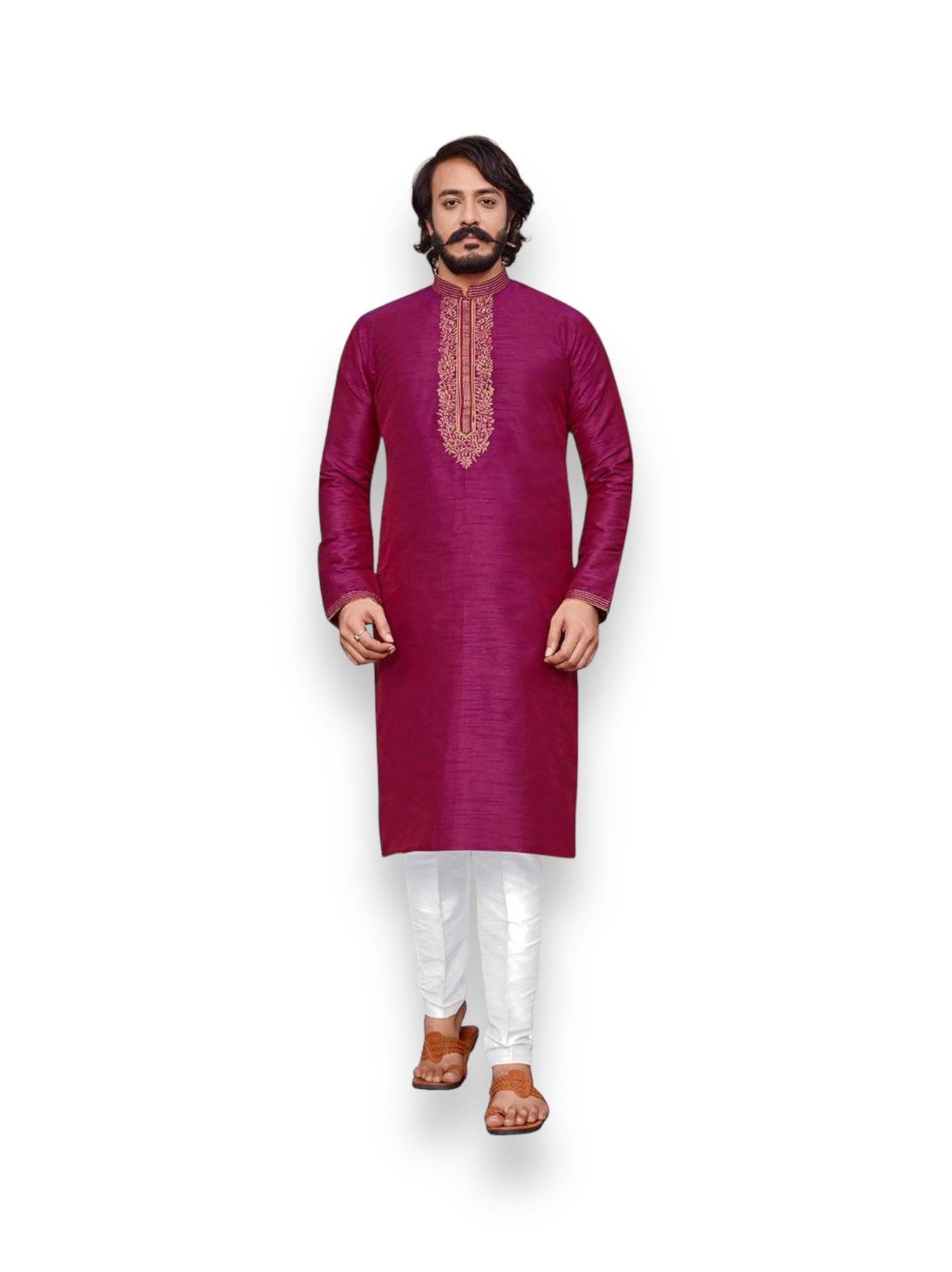Dark pink designer men's kurta with traditional art silk fabric and matching pajama, perfect for party or cultural wear.