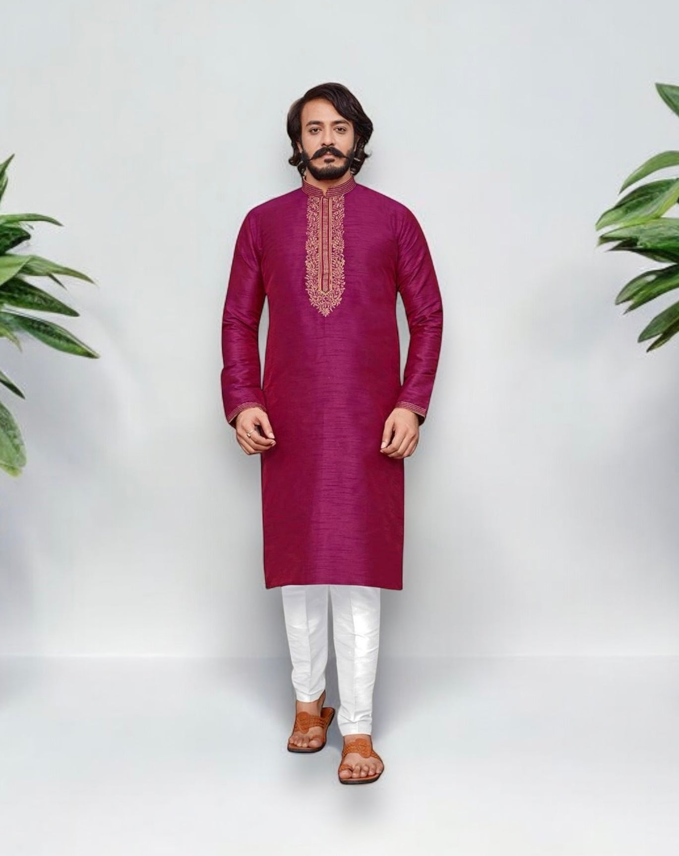Dark pink designer men's kurta with traditional art silk fabric and matching pajama, perfect for party wear and cultural occasions.