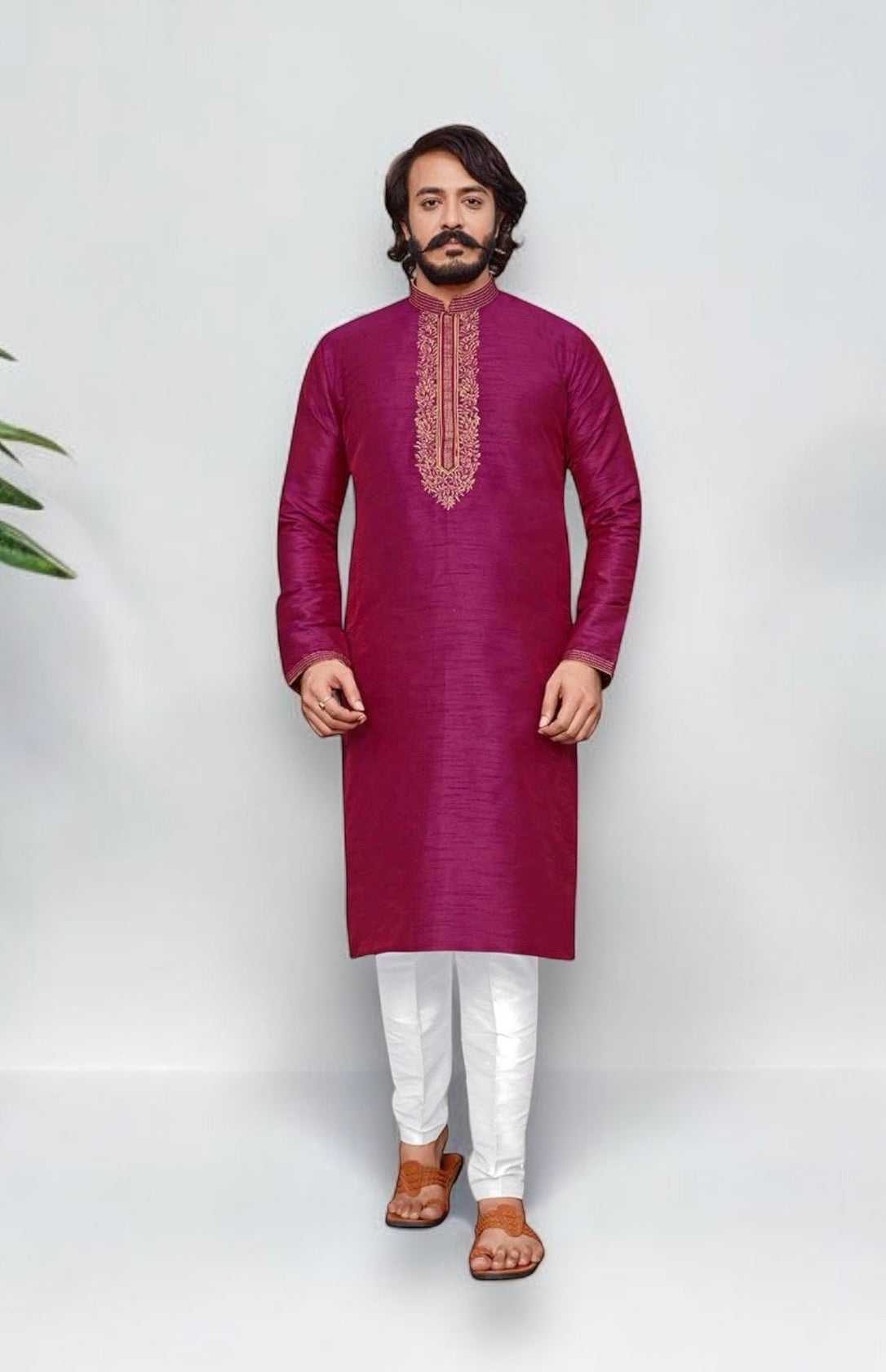 Dark pink designer men's kurta with traditional art silk fabric and matching pajama, suitable for party and cultural events.