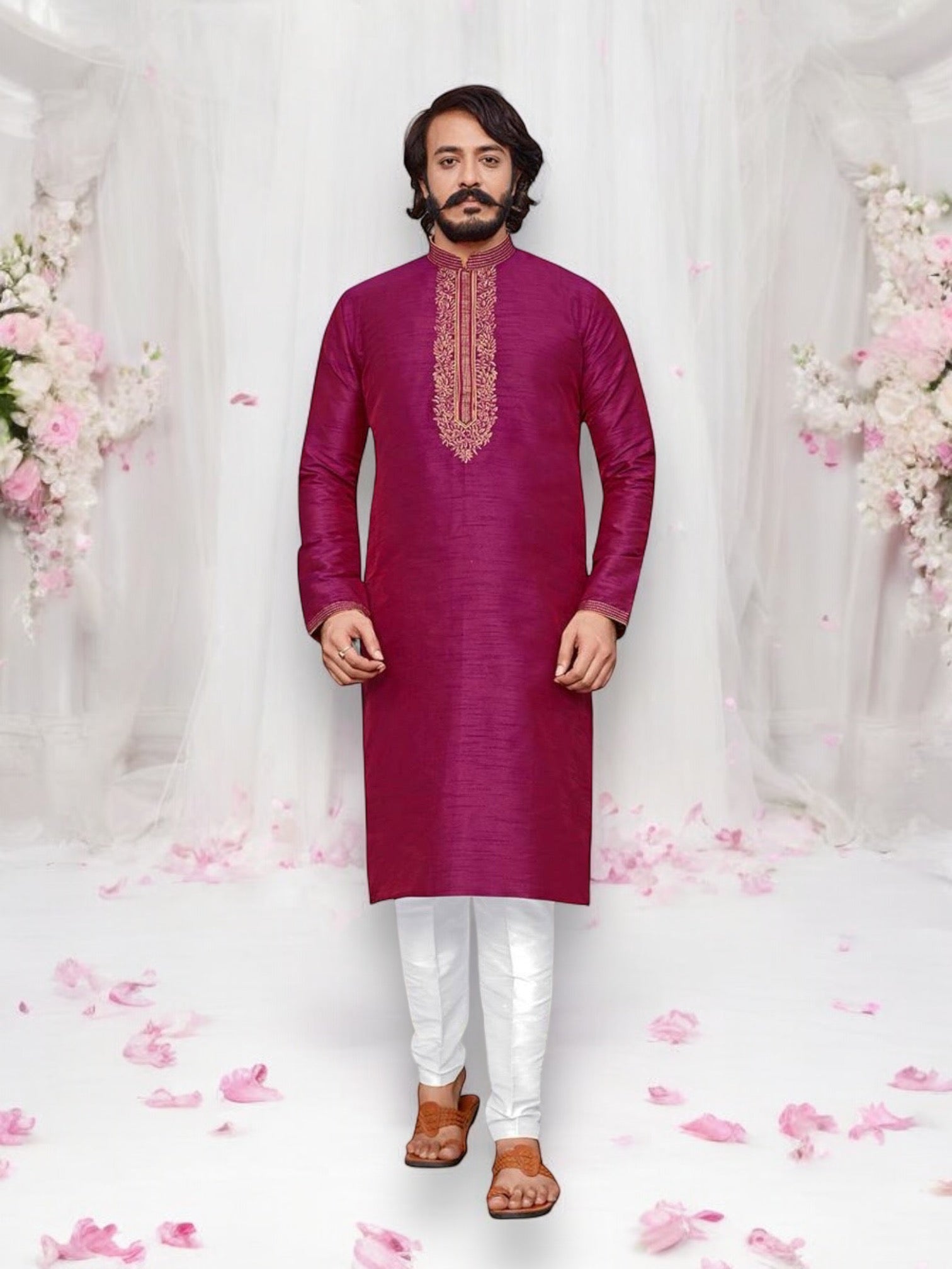 Dark pink designer men's kurta with traditional art silk fabric and matching pajama, ideal for party or cultural wear.