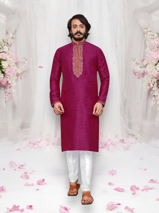 Dark Pink Color Designer Party Wear Traditional Art Silk Kurta with Pajama– Ethnic Wear for Mens - Saree Ghor Charlotte