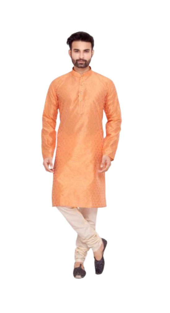 Elegant men's peach silk kurta with matching pants, traditional ethnic wear by Saree Ghor Charlotte, perfect for cultural occasions.