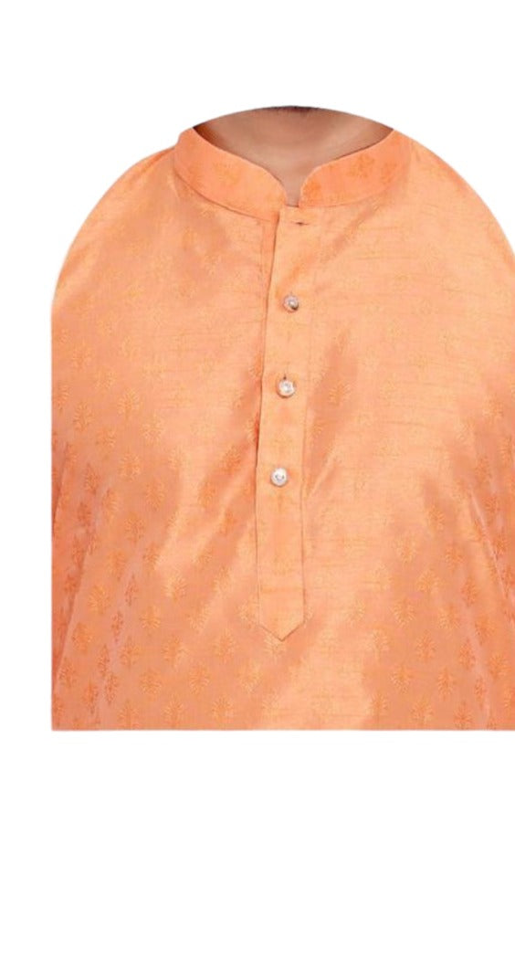Elegant men's peach silk kurta with matching pants by Saree Ghor Charlotte, traditional ethnic wear for men.