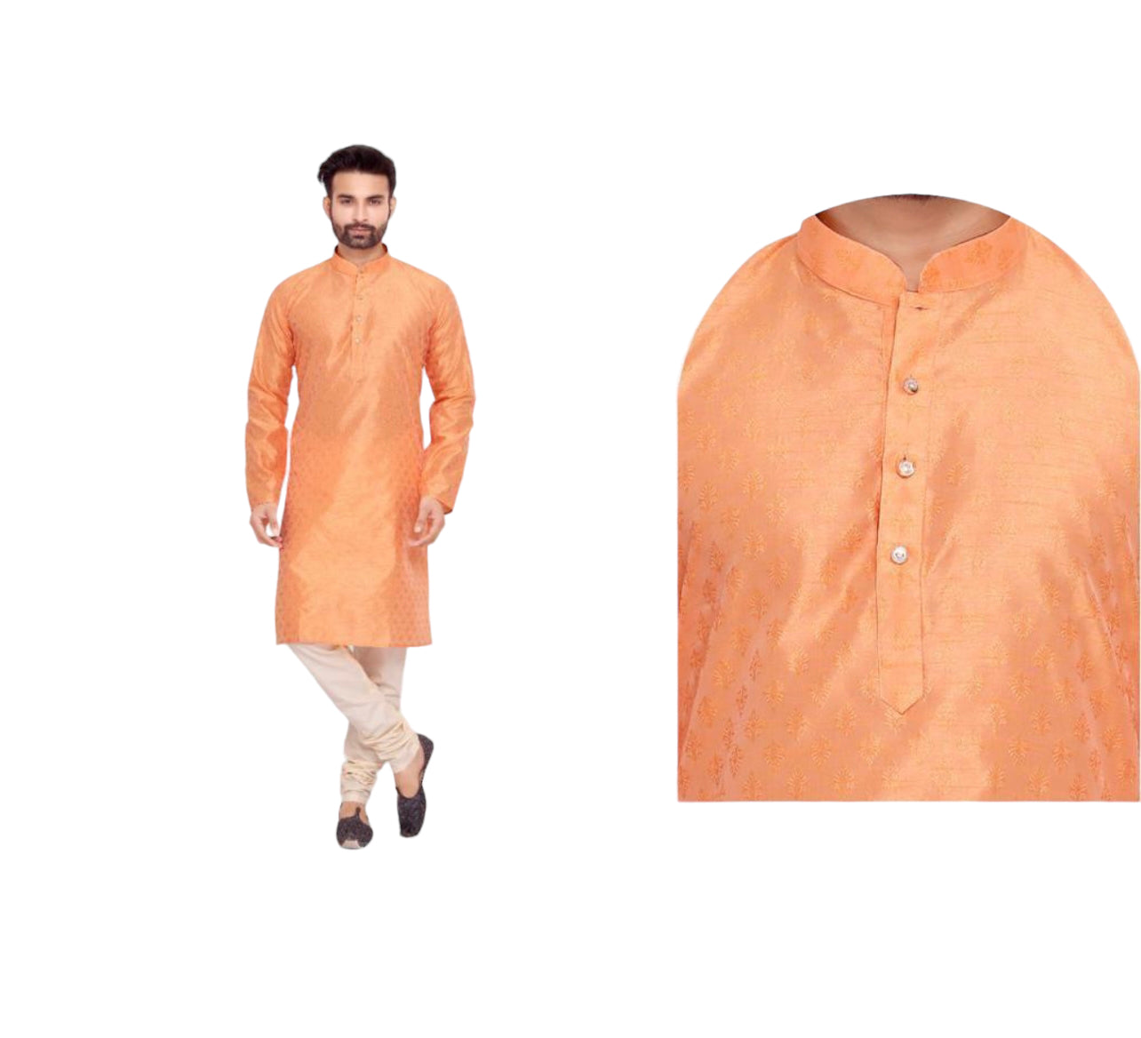 Elegant peach silk men's kurta with matching pant by Saree Ghor Charlotte, ideal for cultural and ethnic wear.