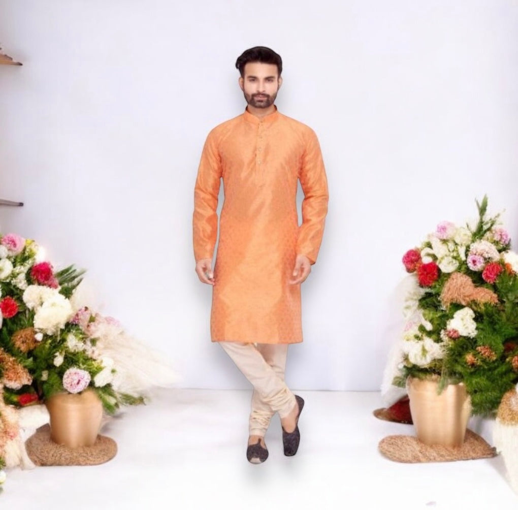 Elegant men's peach silk kurta with matching pants from Saree Ghor Charlotte, traditional cultural wear for men.