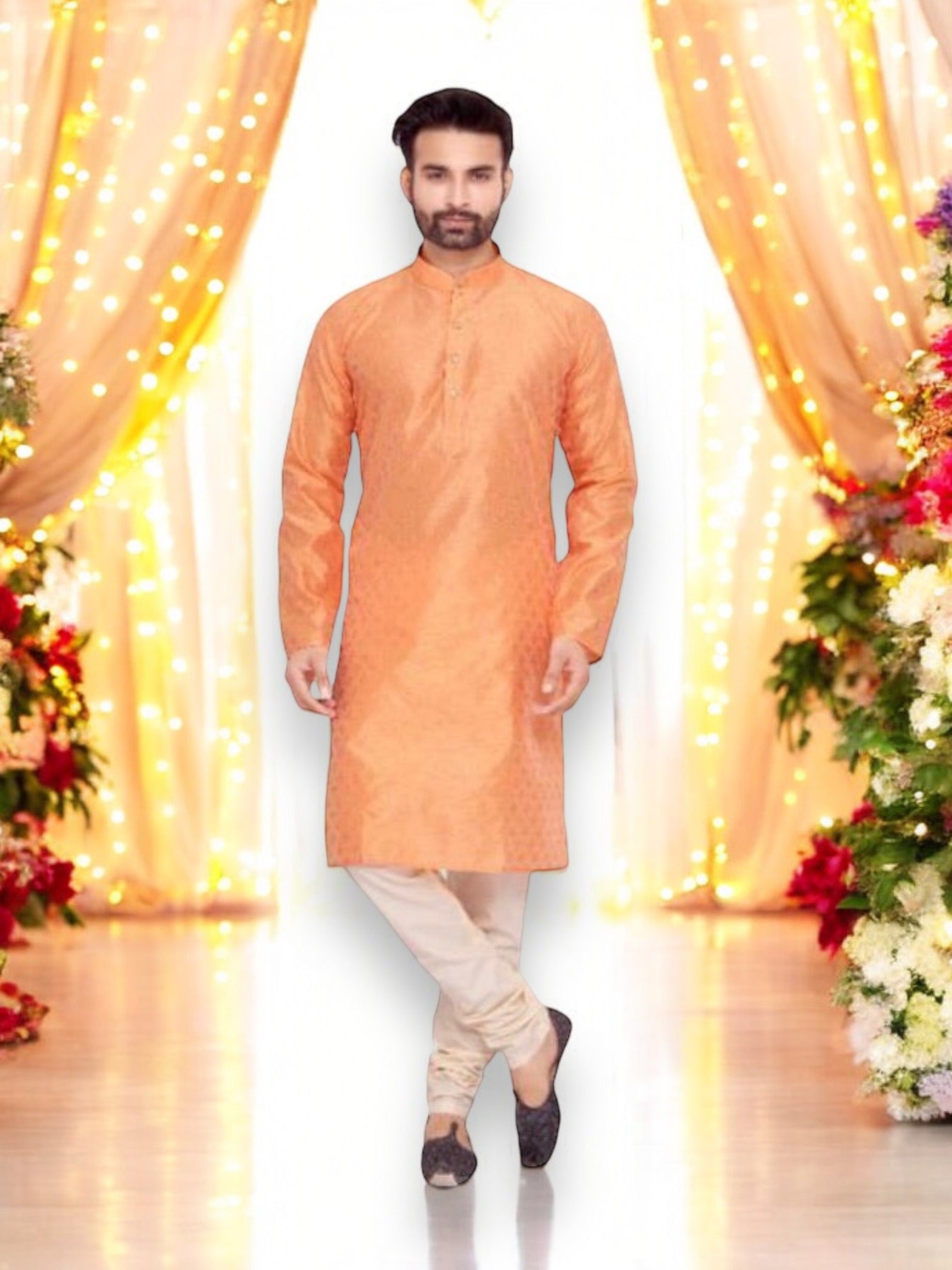 Elegant men's peach silk kurta with matching pants by Saree Ghor Charlotte, traditional ethnic wear for men.