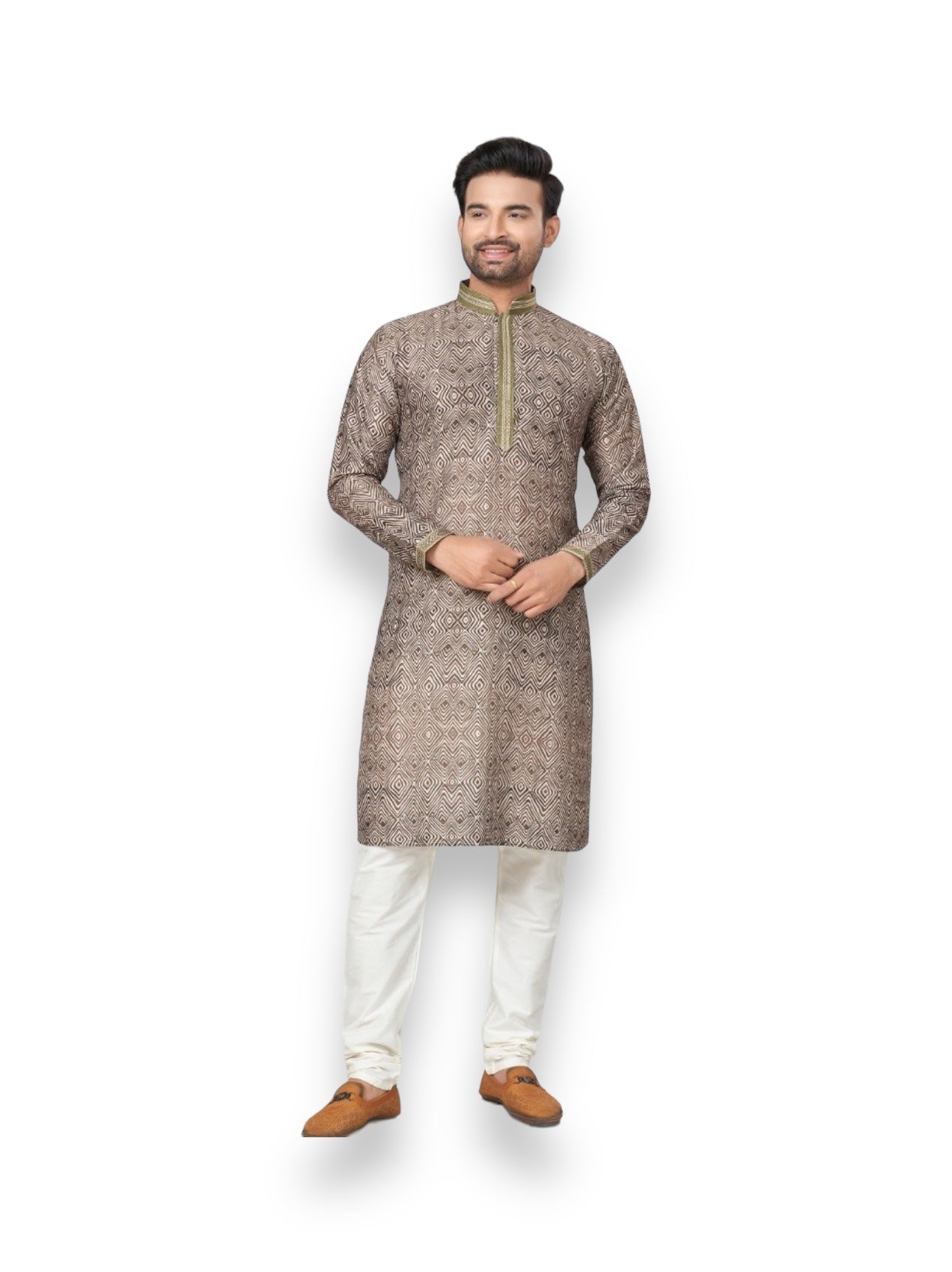 Light brown cotton men's kurta from Saree Ghor Charlotte, traditional ethnic wear with detailed embroidery and comfortable fit.