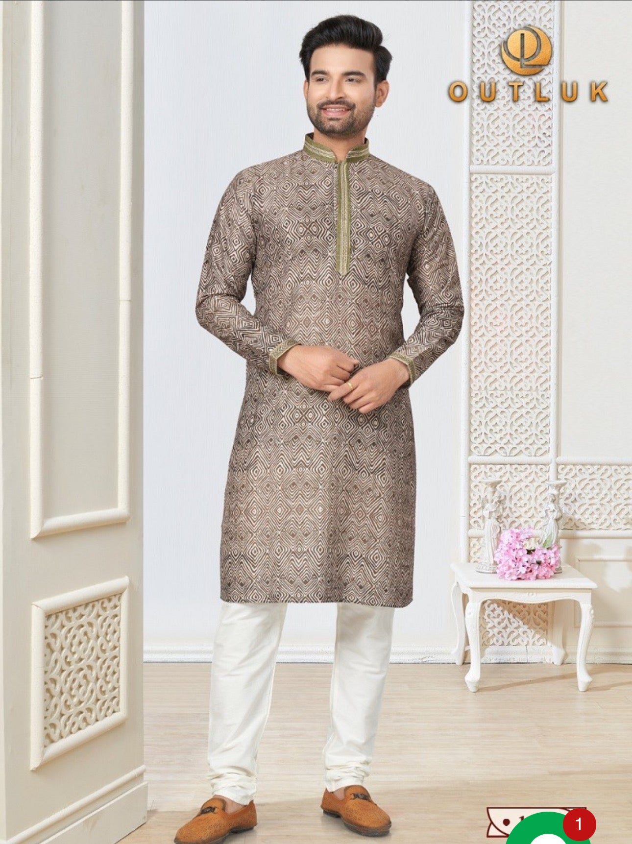 Light brown cotton men's kurta by Saree Ghor Charlotte, paired with matching pajama, traditional ethnic wear for men.