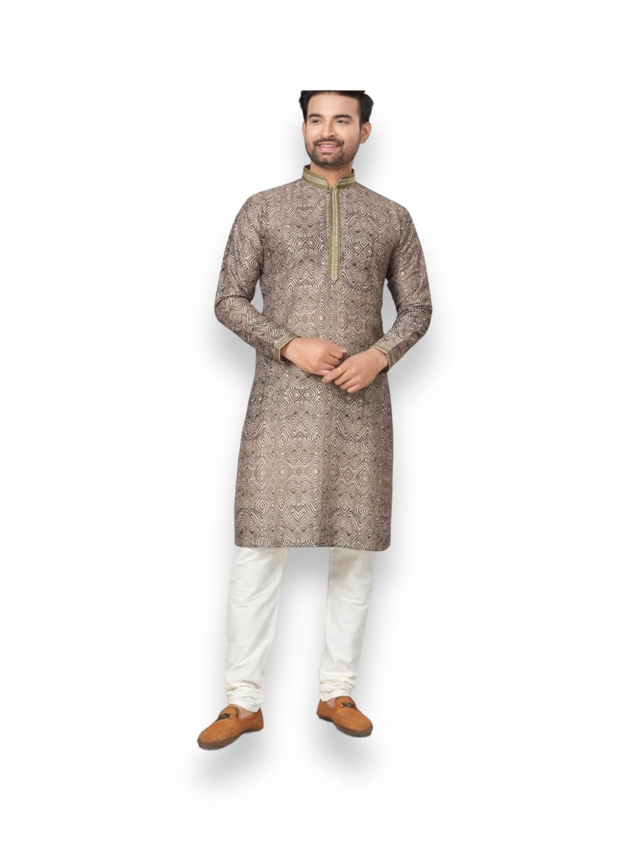 Light brown cotton men's kurta by Saree Ghor Charlotte with traditional design, paired with matching pajama for ethnic wear.