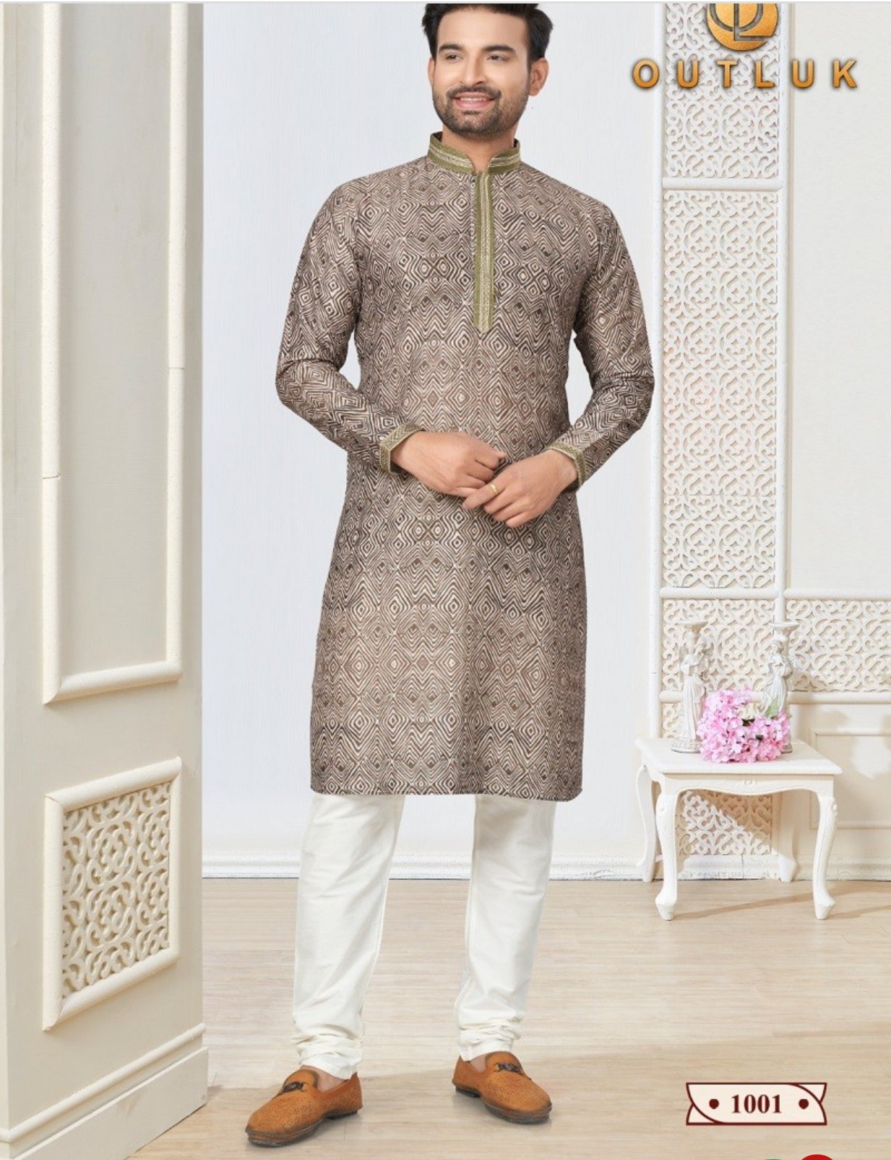 Light brown cotton mens kurta from Saree Ghor Charlotte, showcasing traditional ethnic wear with a comfortable fit.
