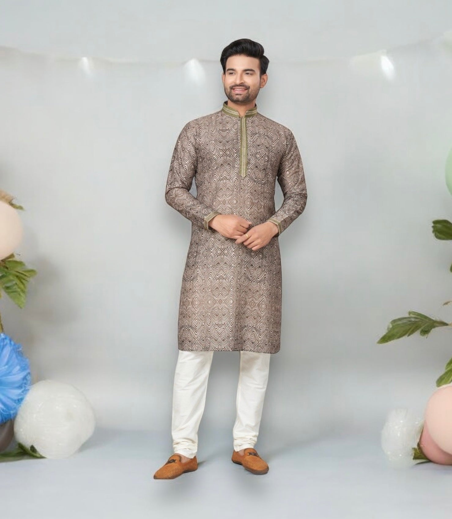 Light brown cotton men's kurta from Saree Ghor Charlotte featuring traditional ethnic wear for men.
