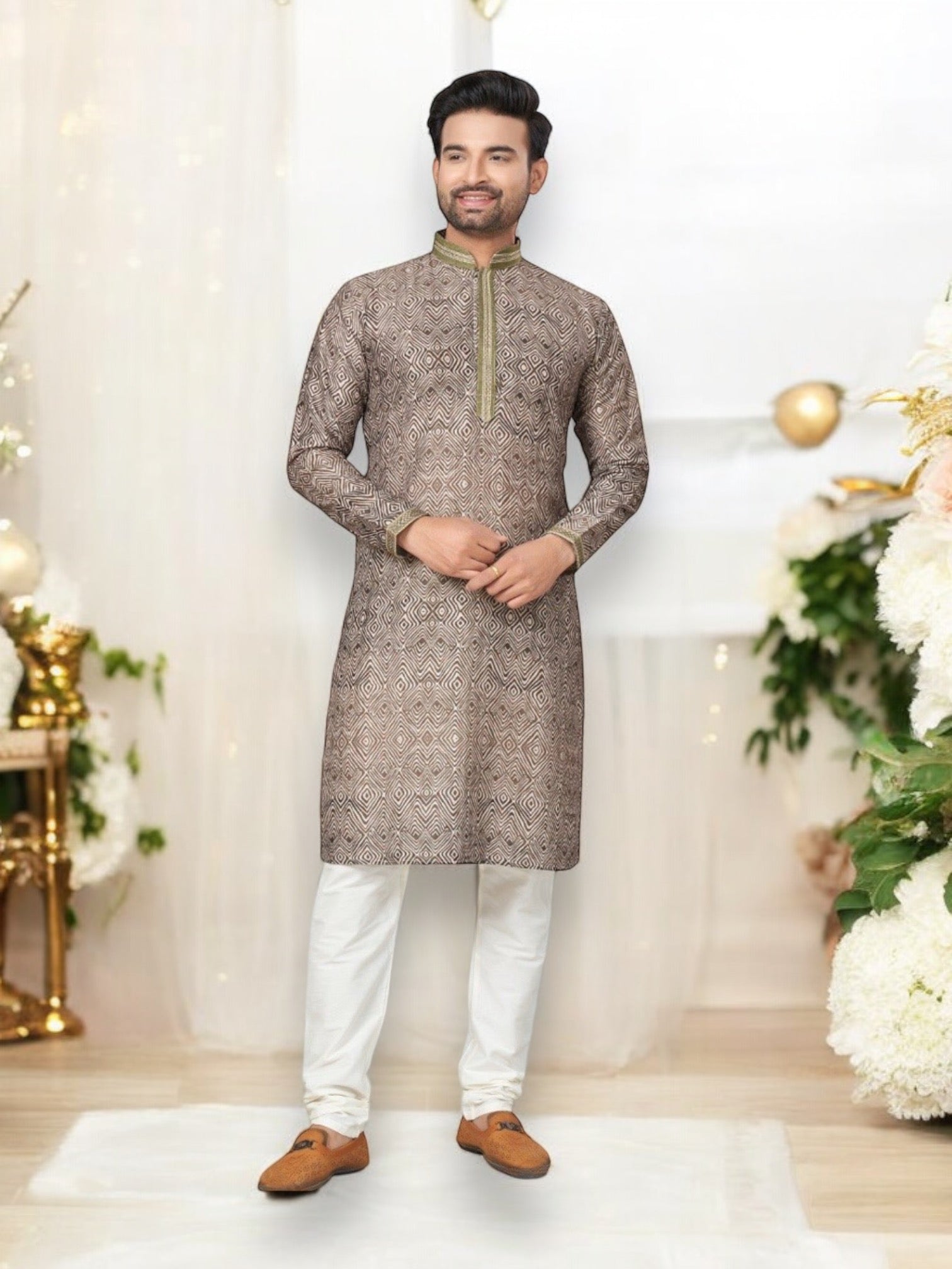Light brown cotton men's kurta from Saree Ghor Charlotte with matching pajama, traditional ethnic wear for men.