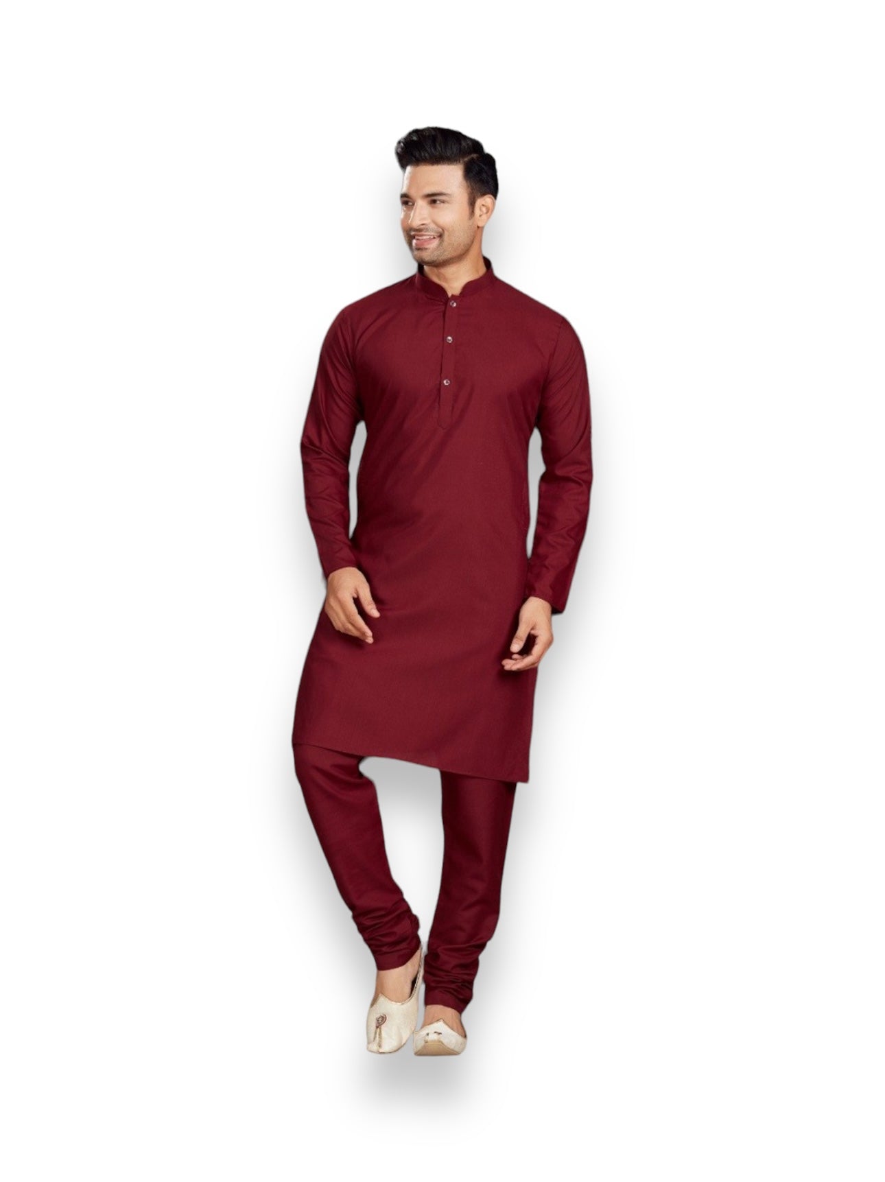 Maroon traditional men's kurta and pajama set from Saree Ghor Charlotte, featuring ethnic wear with intricate design details.