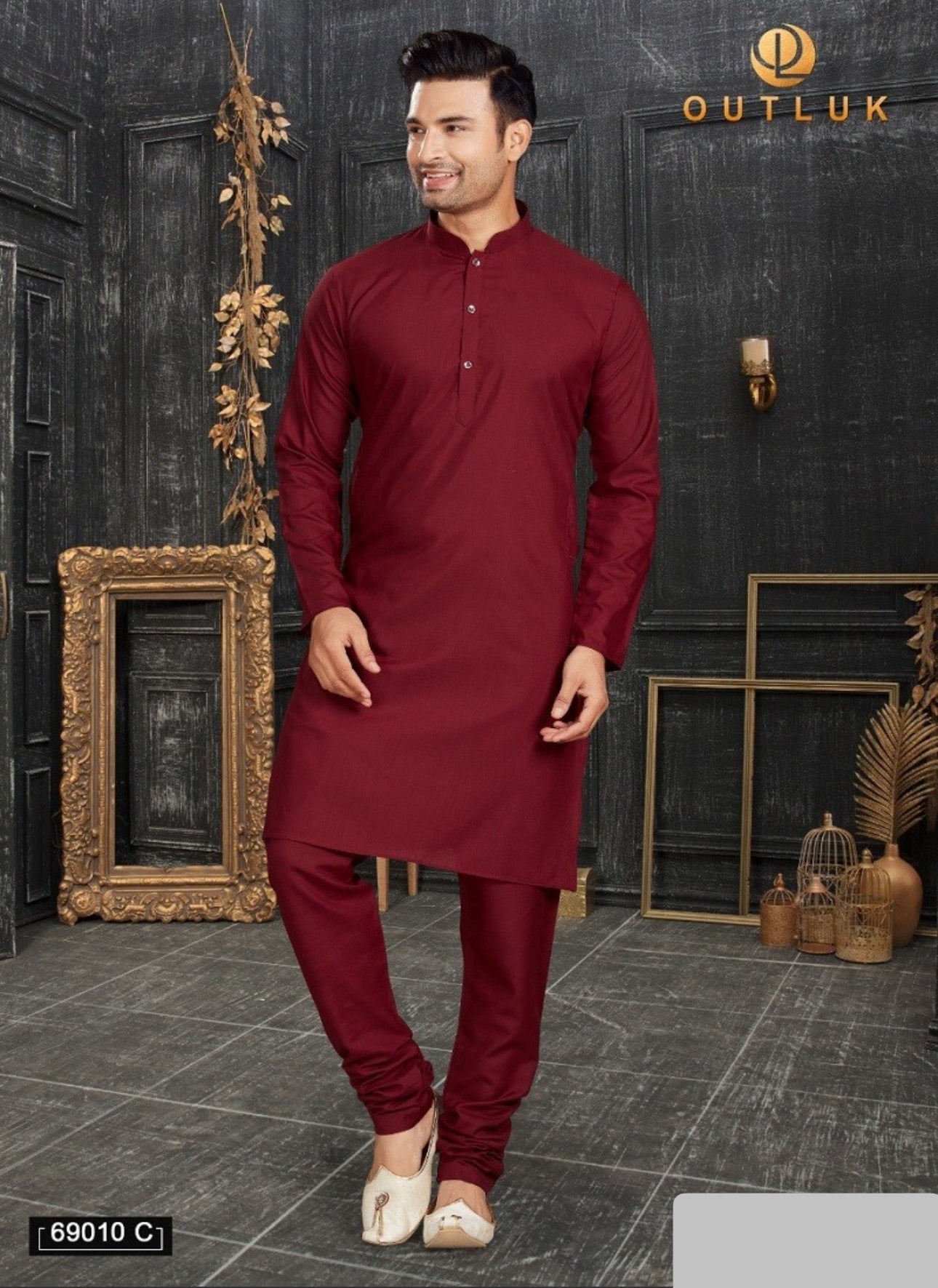 Maroon traditional men's kurta by Saree Ghor Charlotte, paired with matching pajama, showcasing ethnic wear for men.