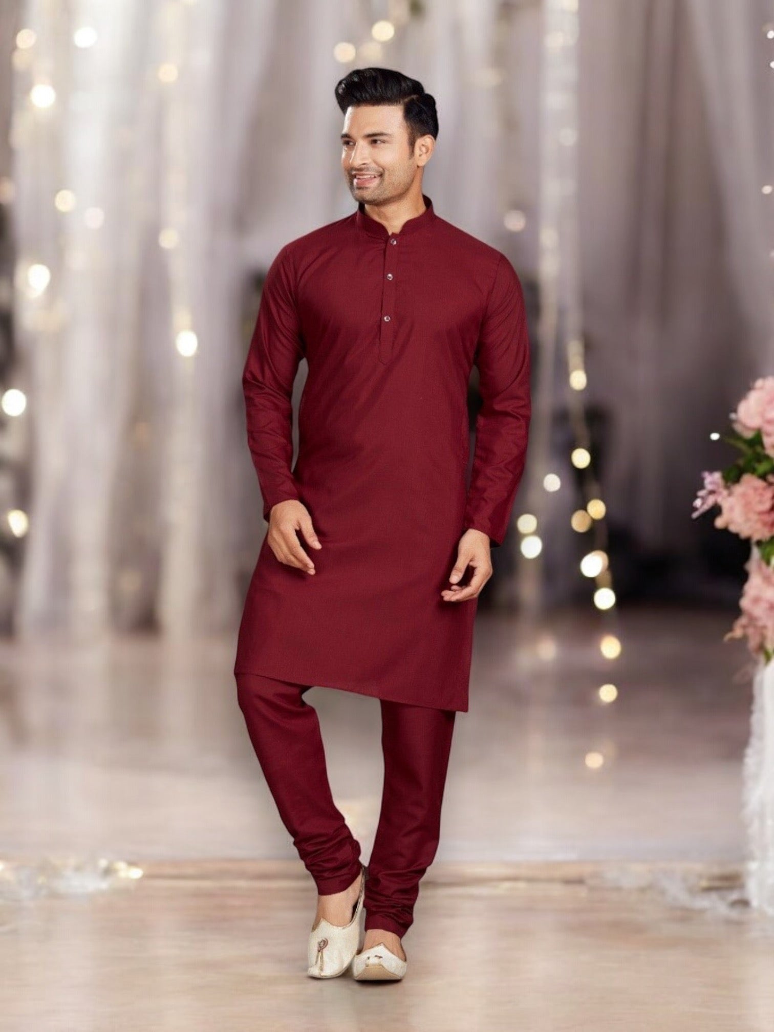 Maroon traditional men's kurta by Saree Ghor Charlotte with matching pajama, showcasing ethnic wear style and detailed fabric.