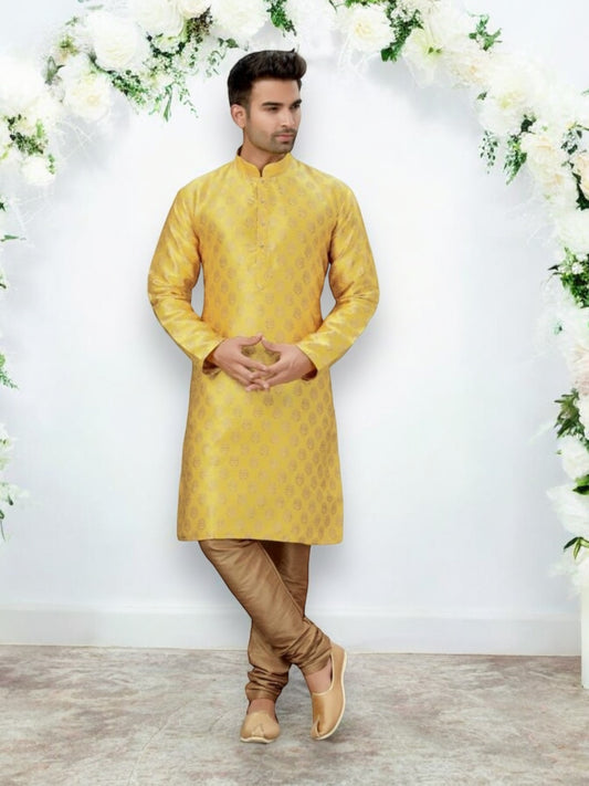 Men's Traditional Yellow Silk Kurta Pajama - 6321 - Saree Ghor Charlotte