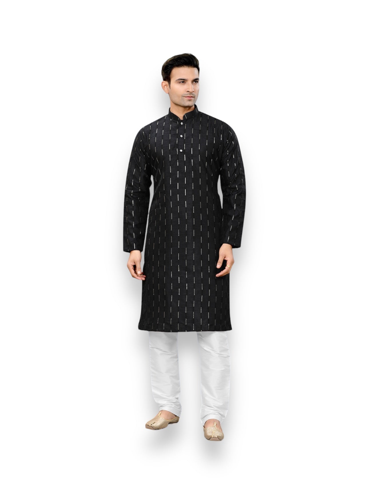 Men's traditional black kurta and pajama set by Saree Ghor Charlotte, featuring a classic fit and elegant design.