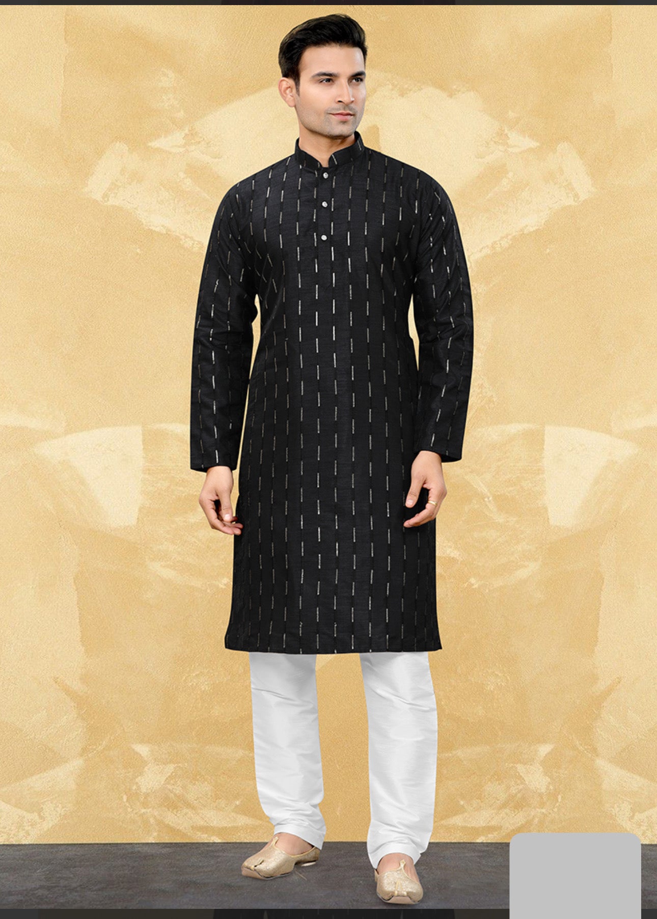 Men's traditional black Kurta and pajama by Saree Ghor Charlotte, featuring classic design and comfortable fit.