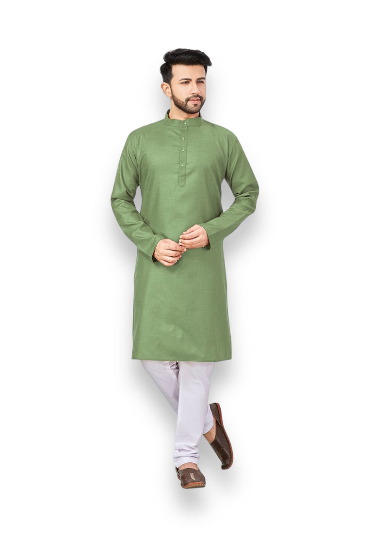 Parrot green Outluk 57 cotton men's kurta with matching pajama set, traditional ethnic wear by Saree Ghor Charlotte.