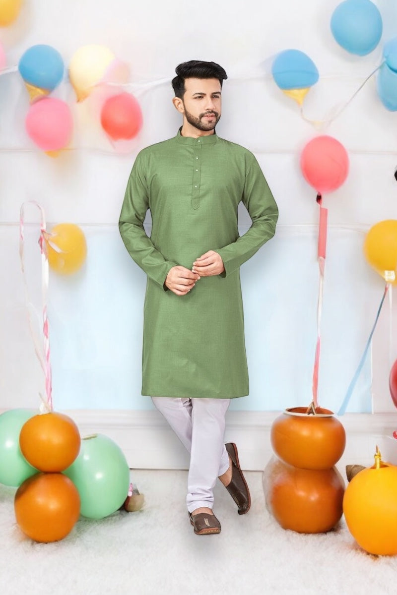 Parrot green Outluk 57 cotton Kurta with matching pajama set for men, cultural ethnic wear by Saree Ghor Charlotte.