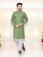 Parrot green Outluk 57 cotton men's kurta with matching pajama set by Saree Ghor Charlotte, traditional ethnic wear for men.